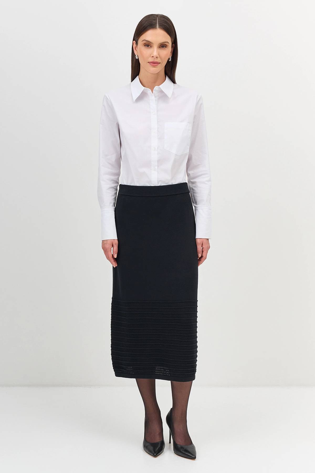 Лимитрированная серия вязаная юбка с ажурной вставкой и ремень, 34