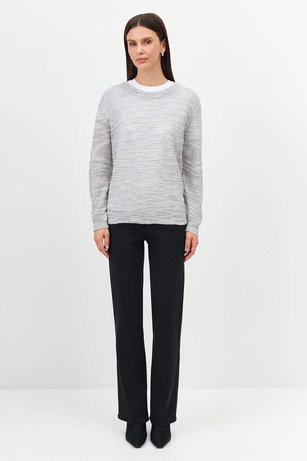 Меланжевый джемпер с ярким кантом, 34