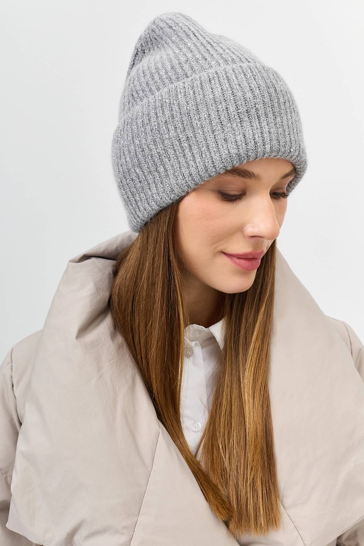 Серая шапка бини с широким отворотом, One