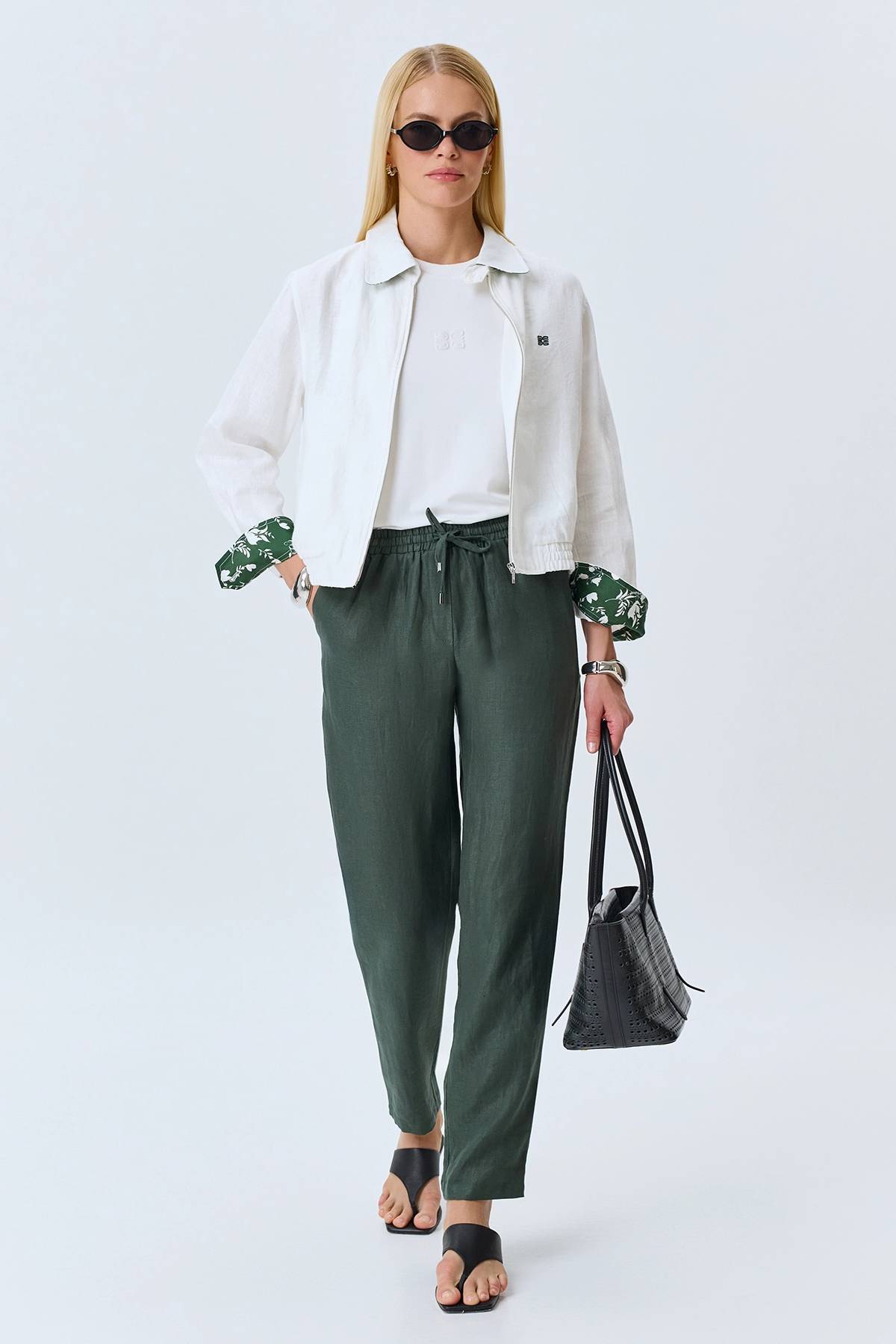 Бомбер из 100% льна с принтованными манжетами, 46