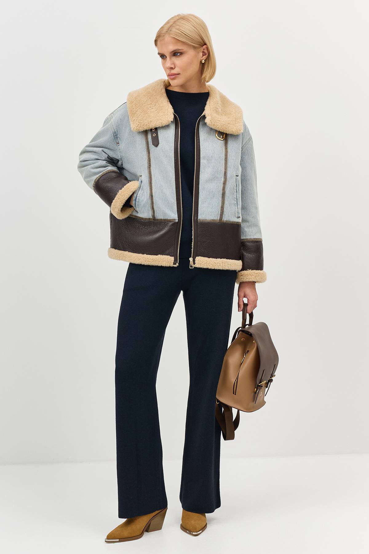 Лимитированная серия утепленная джинсовая куртка с меховыми деталями и ремень, 44