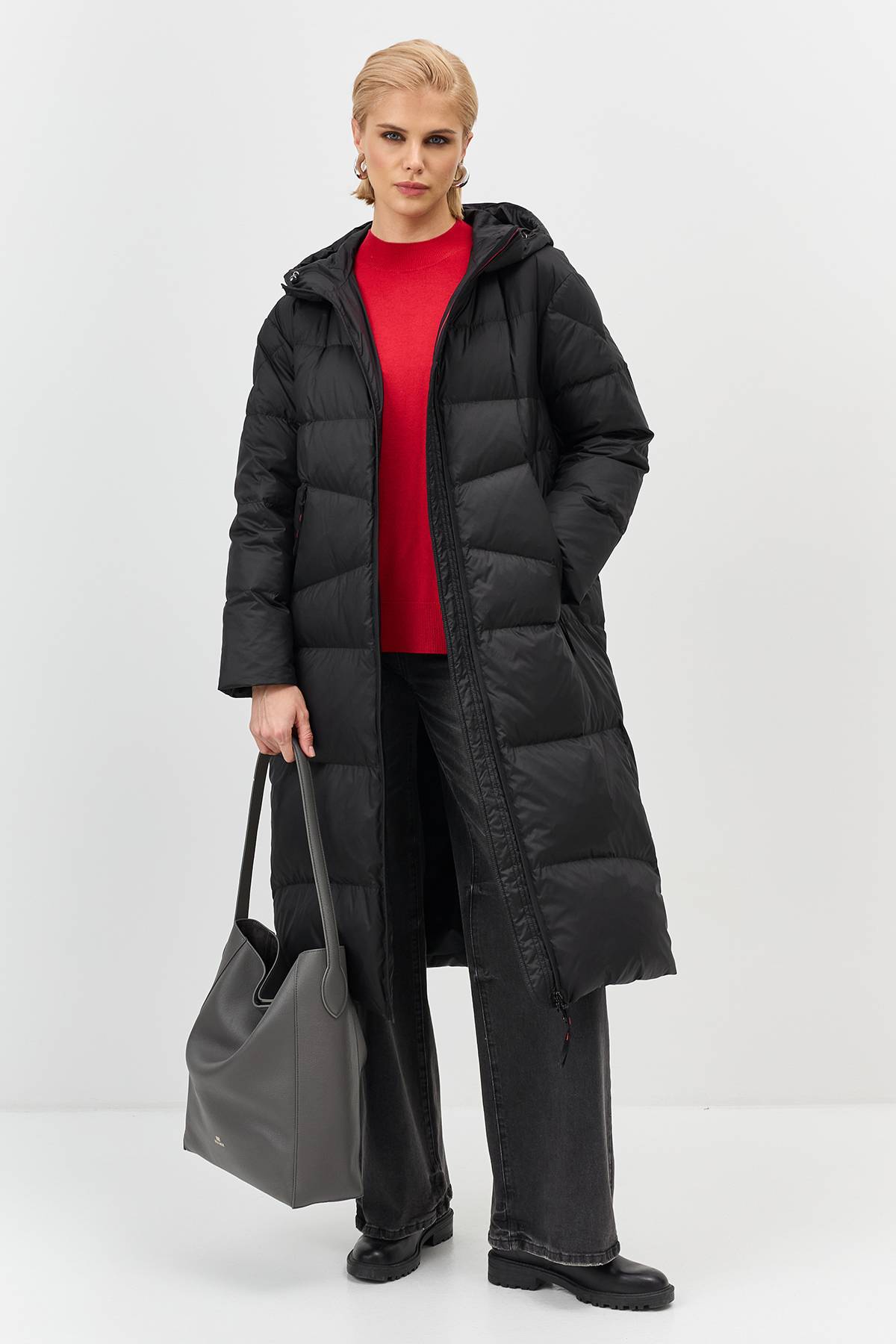 Лимитированная серия длинный пуховик с капюшоном с палантином, 34