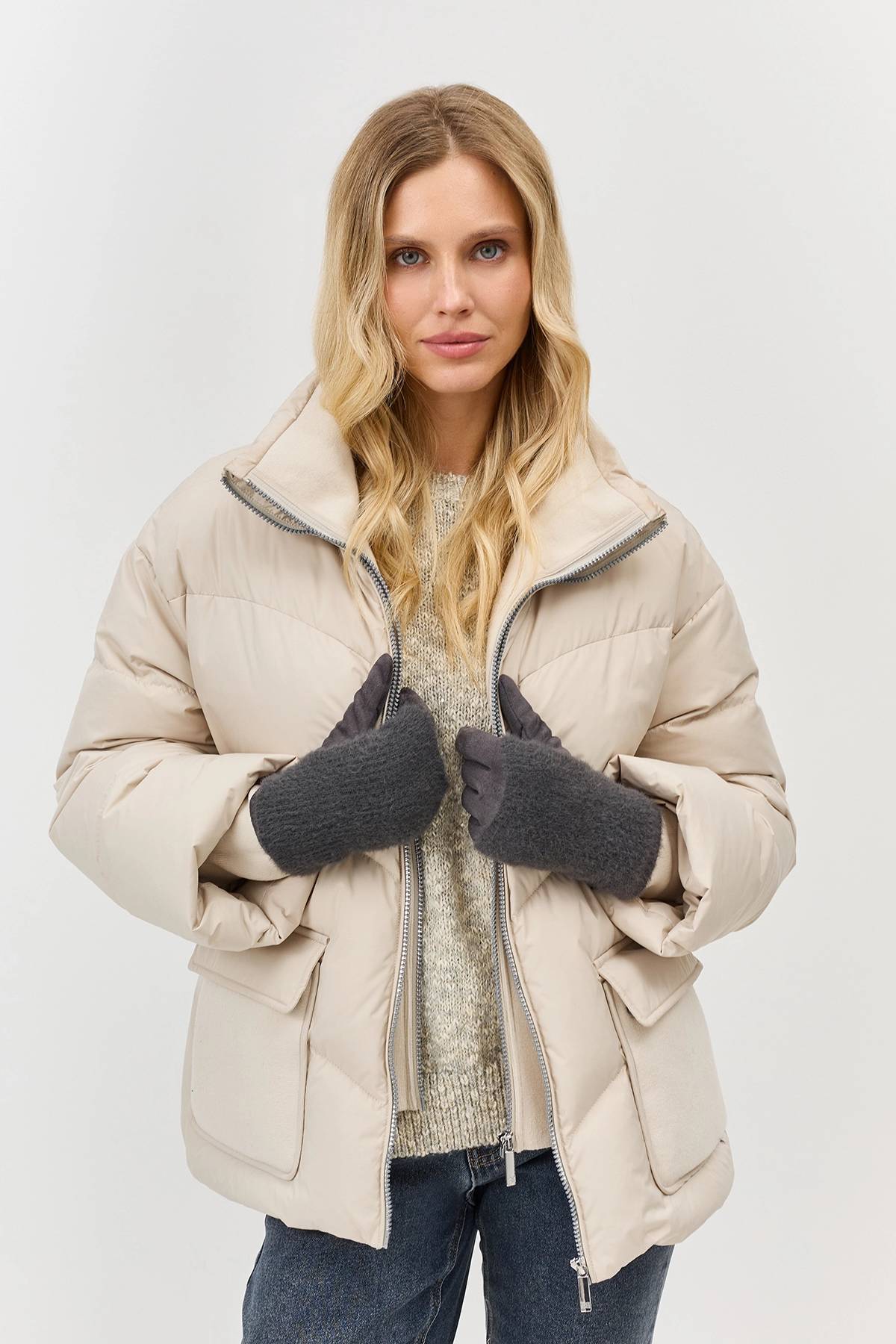 Серые вязаные перчатки с контрастной отделкой, One