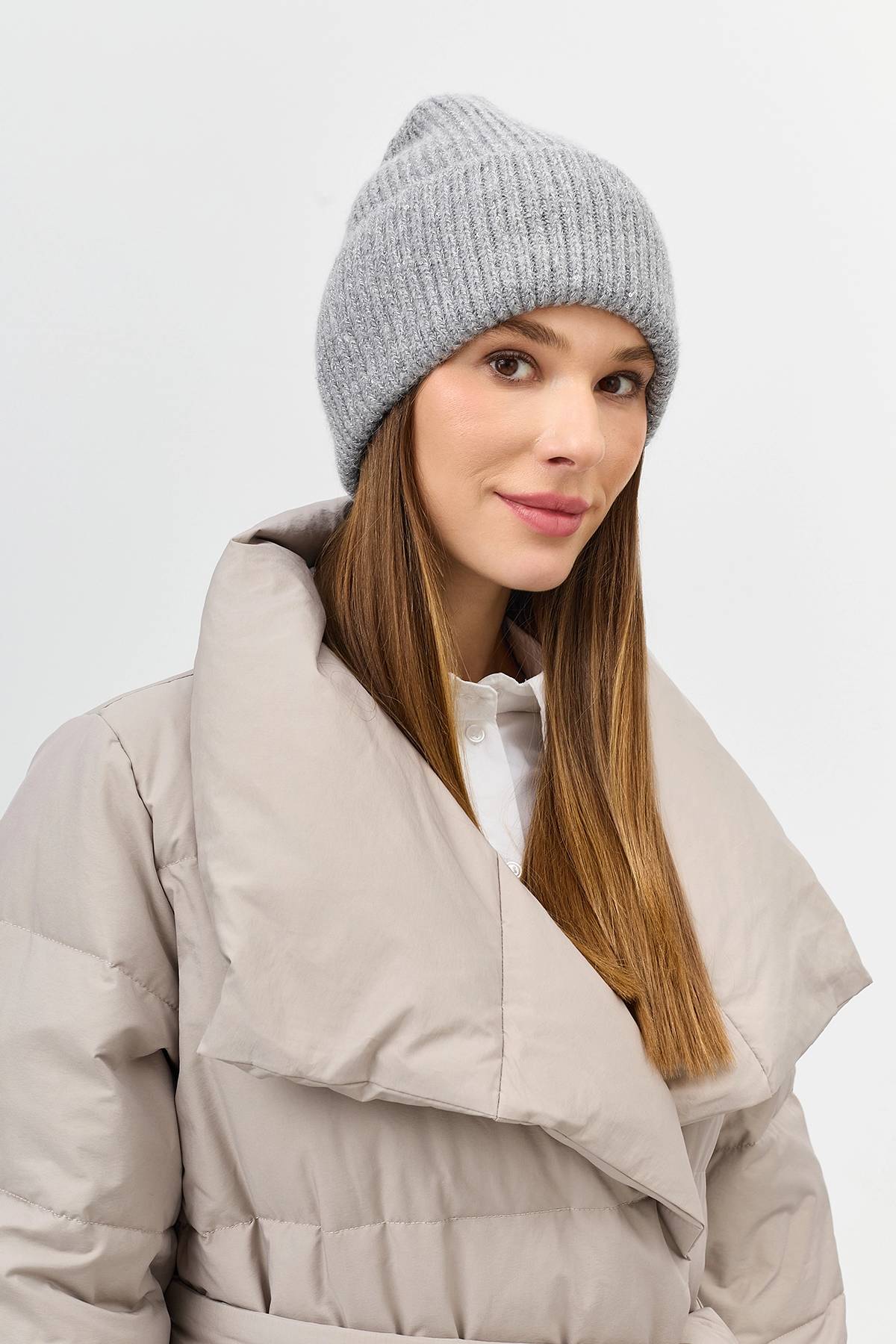 Серая шапка бини с широким отворотом, One