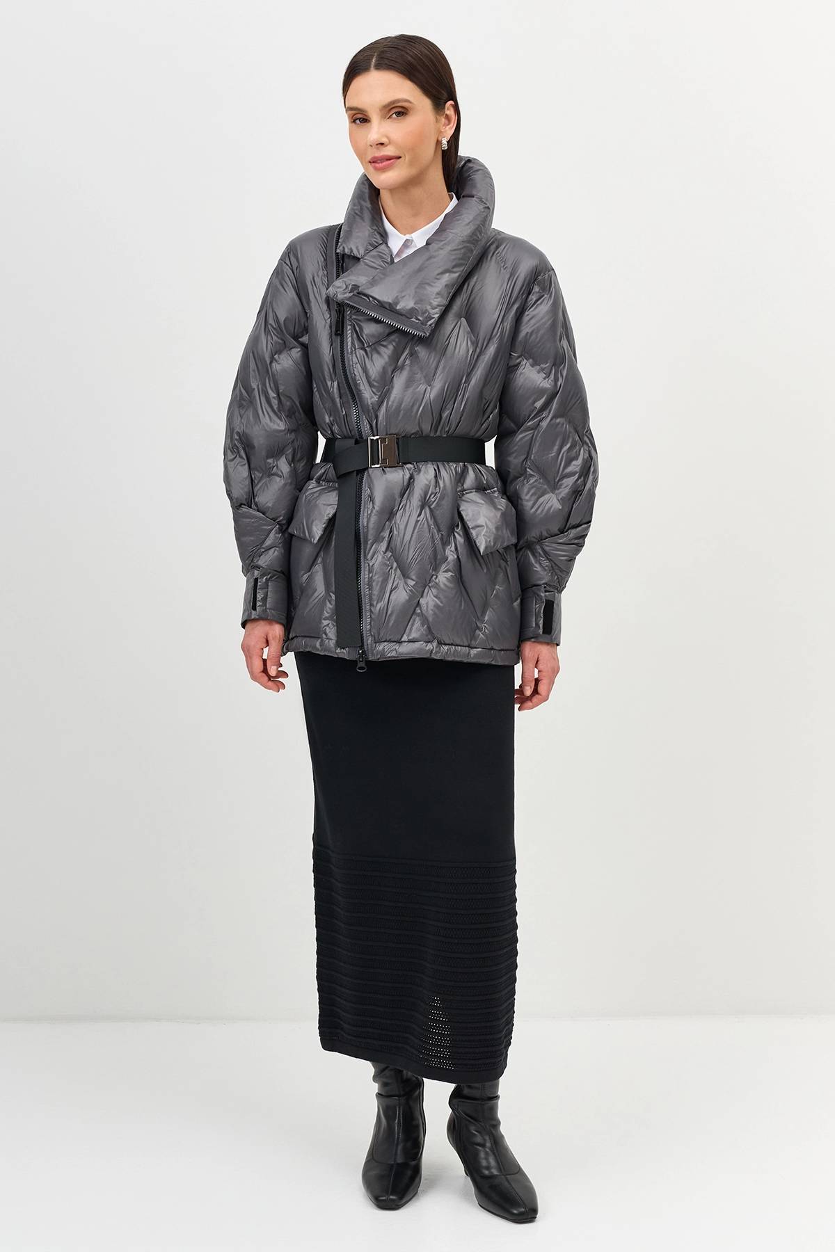 Лимитированная серия куртка на натуральном утеплителе серая с палантином, 38