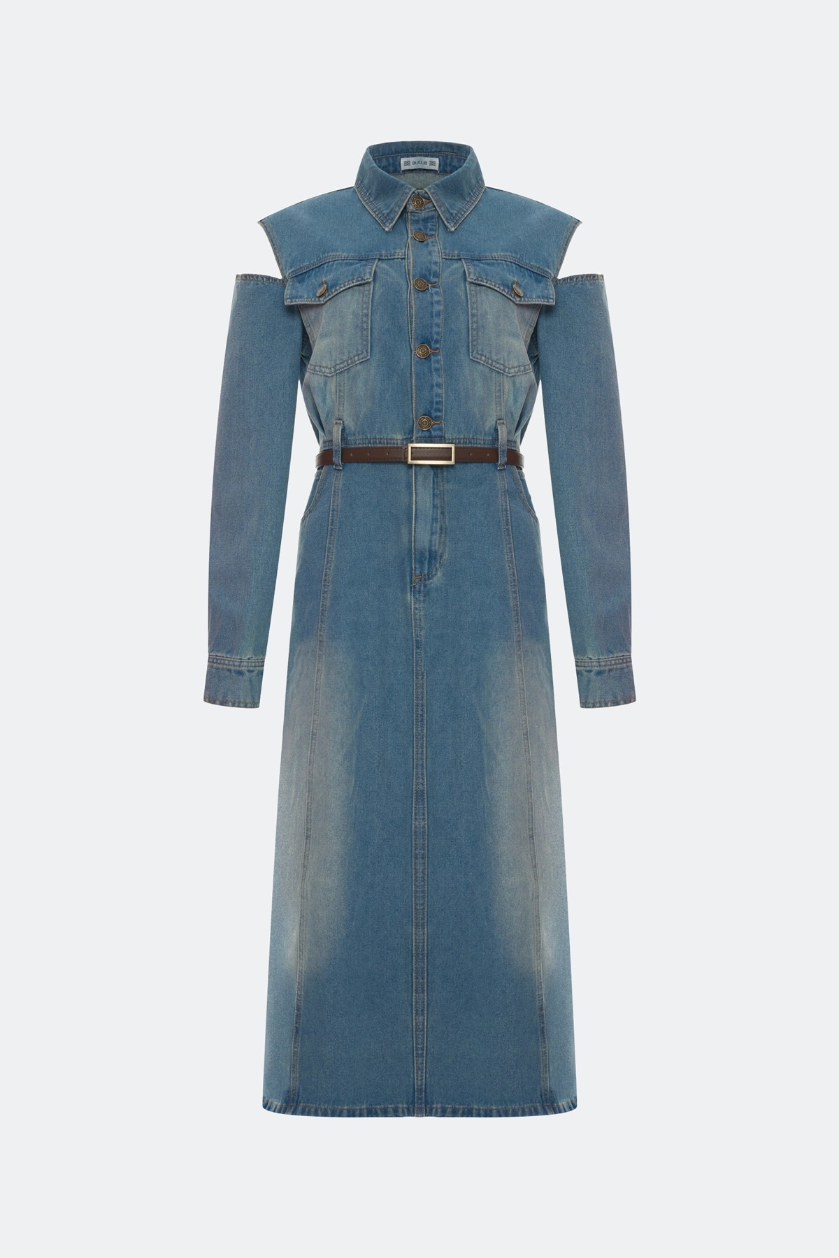 Джинсовое платье с вырезами на плечах, 42