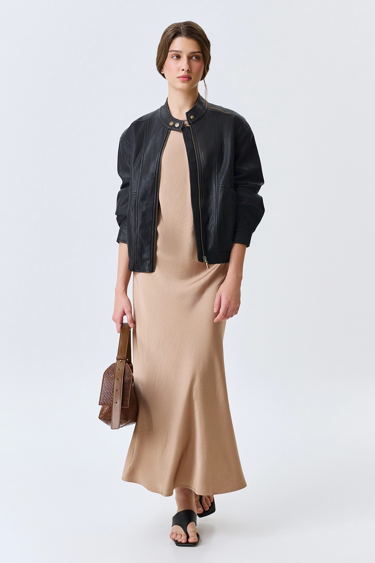 Куртка из эко кожи с воротником-стойкой, 42