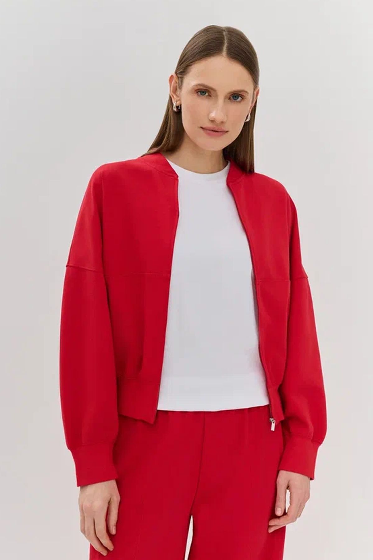 Трикотажный Oversize жакет из смесового хлопка в красном цвете, 48р