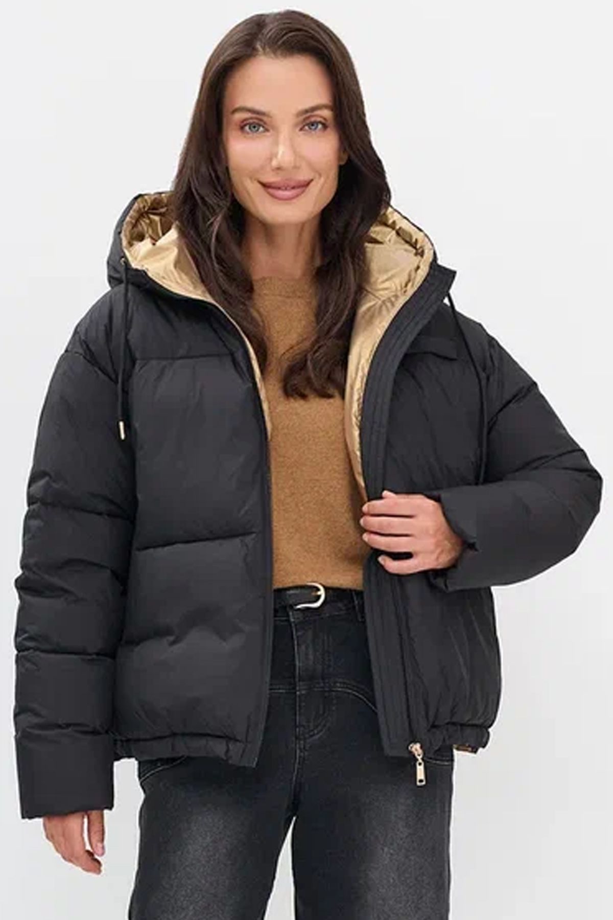 Объемная куртка с металлизированной подкладкой в черном цвете, 50р