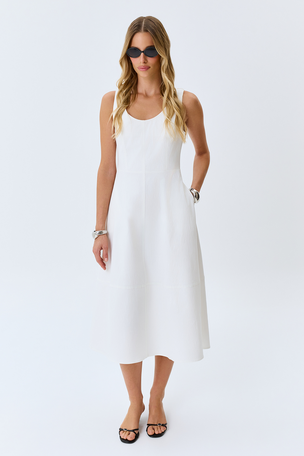 Черное хлопковое платье-миди, 50