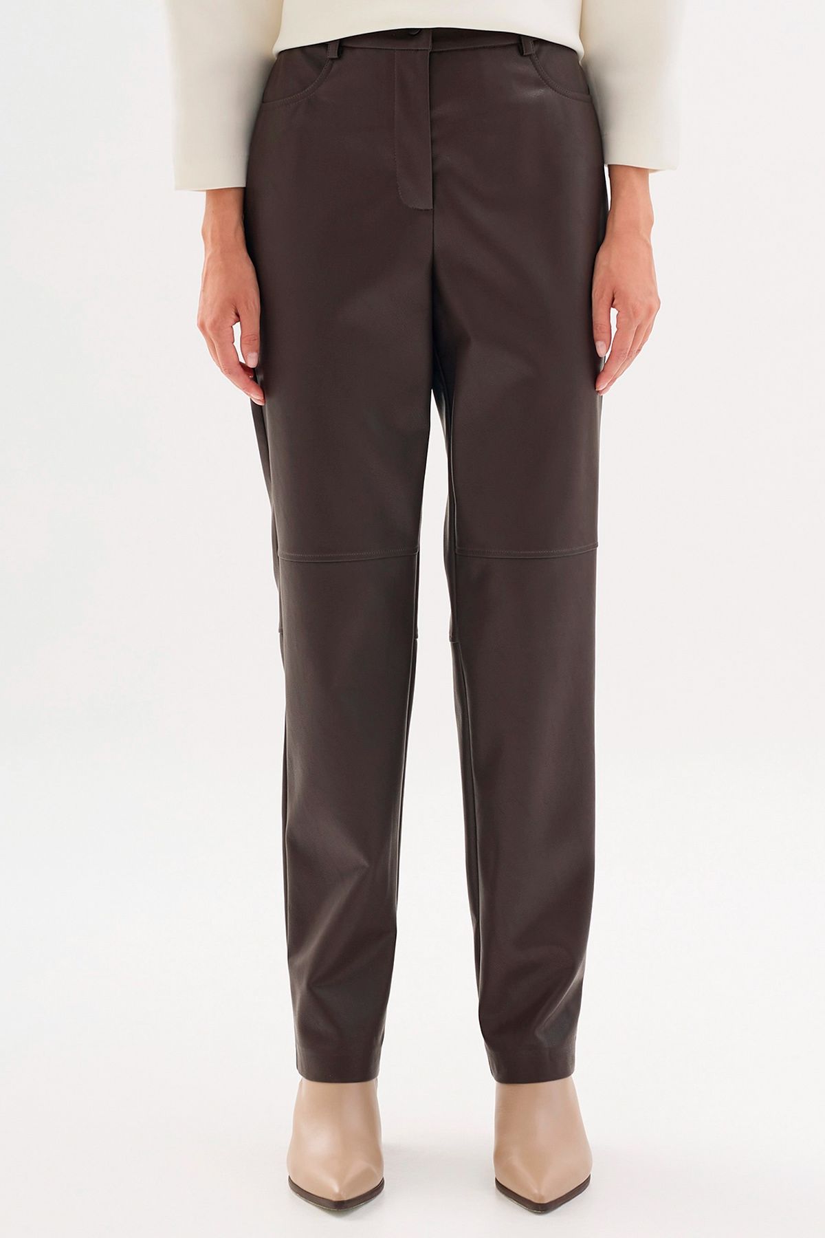 Однотонные брюки из полиуретана в коричневом цвете, 46р