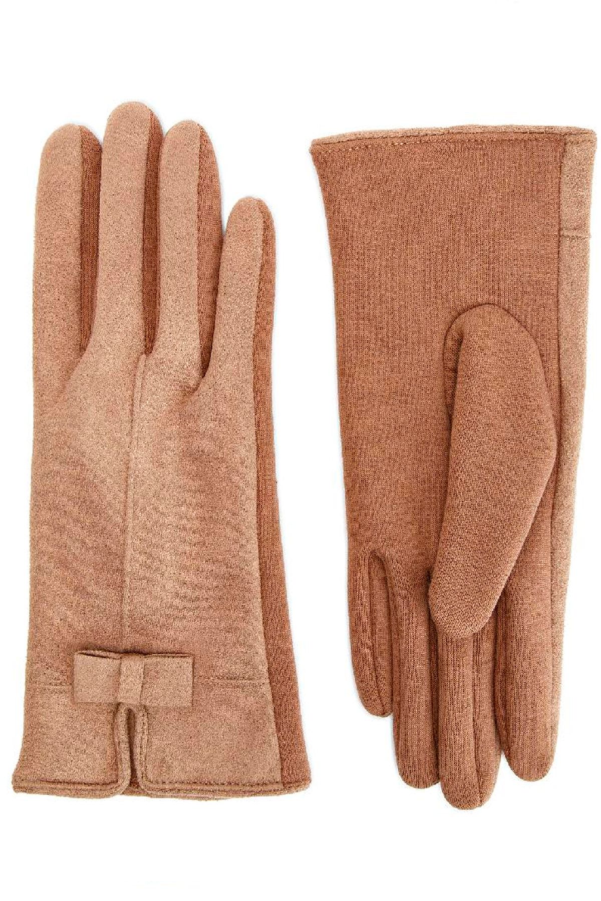 Перчатки с декоративным бантиком в серо-коричневом цвете, М