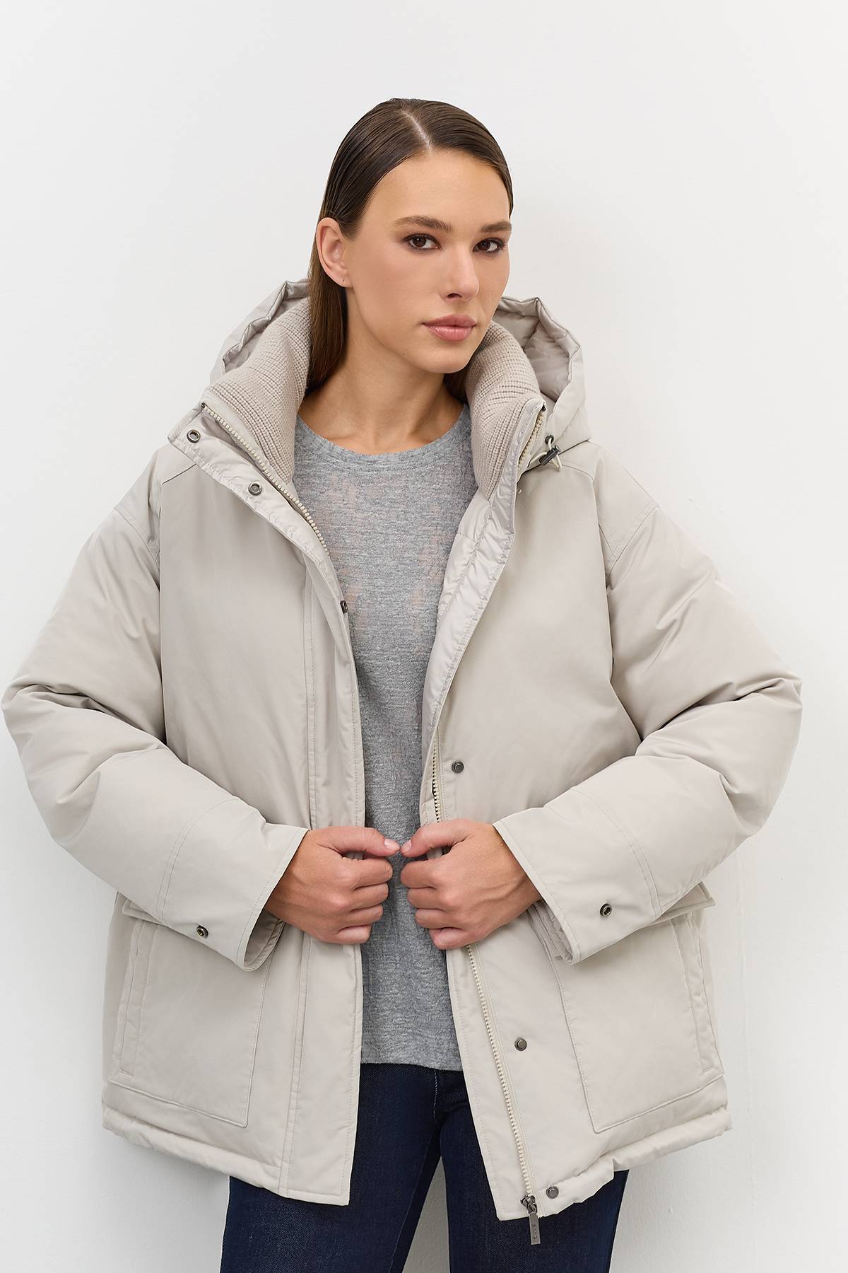 Лимитированная серия минималистичная куртка с вязаным воротником с палантином, 40