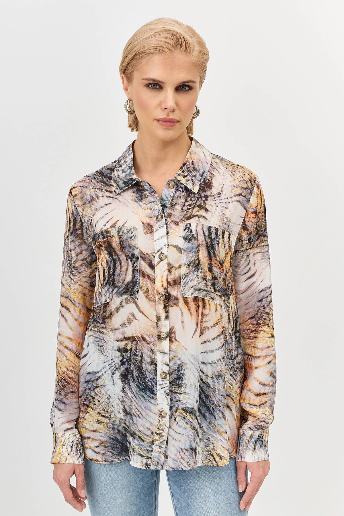 Лимитированная серия блузка с анималистичным принтом в карамельном цвете с ремнем, 34