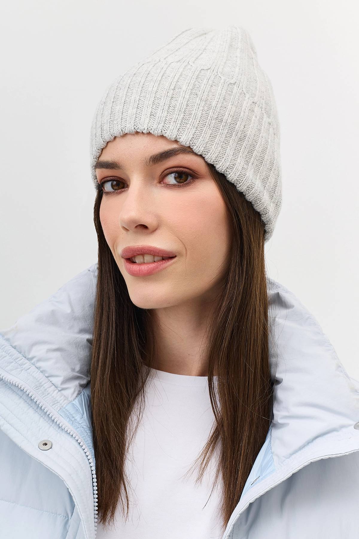 Серая шапка бини с имитацией отворота, One