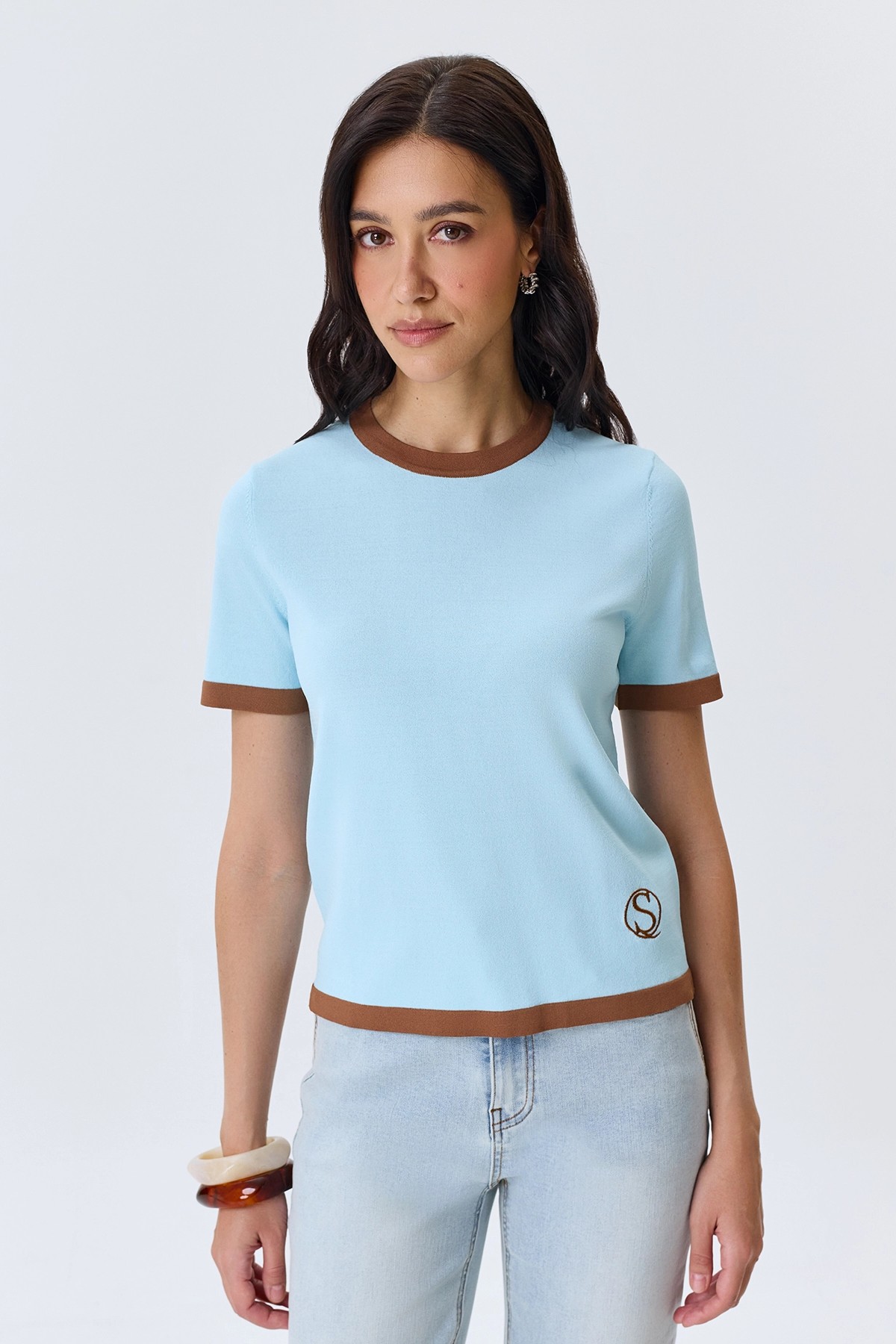 Вязаная футболка с контрастными деталями, 46