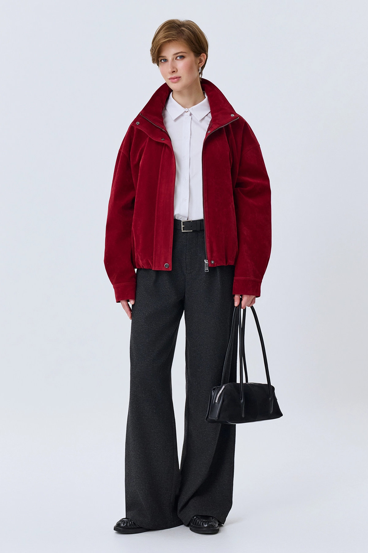 Oversize бомбер из искусственной замши, темно-красный, 50
