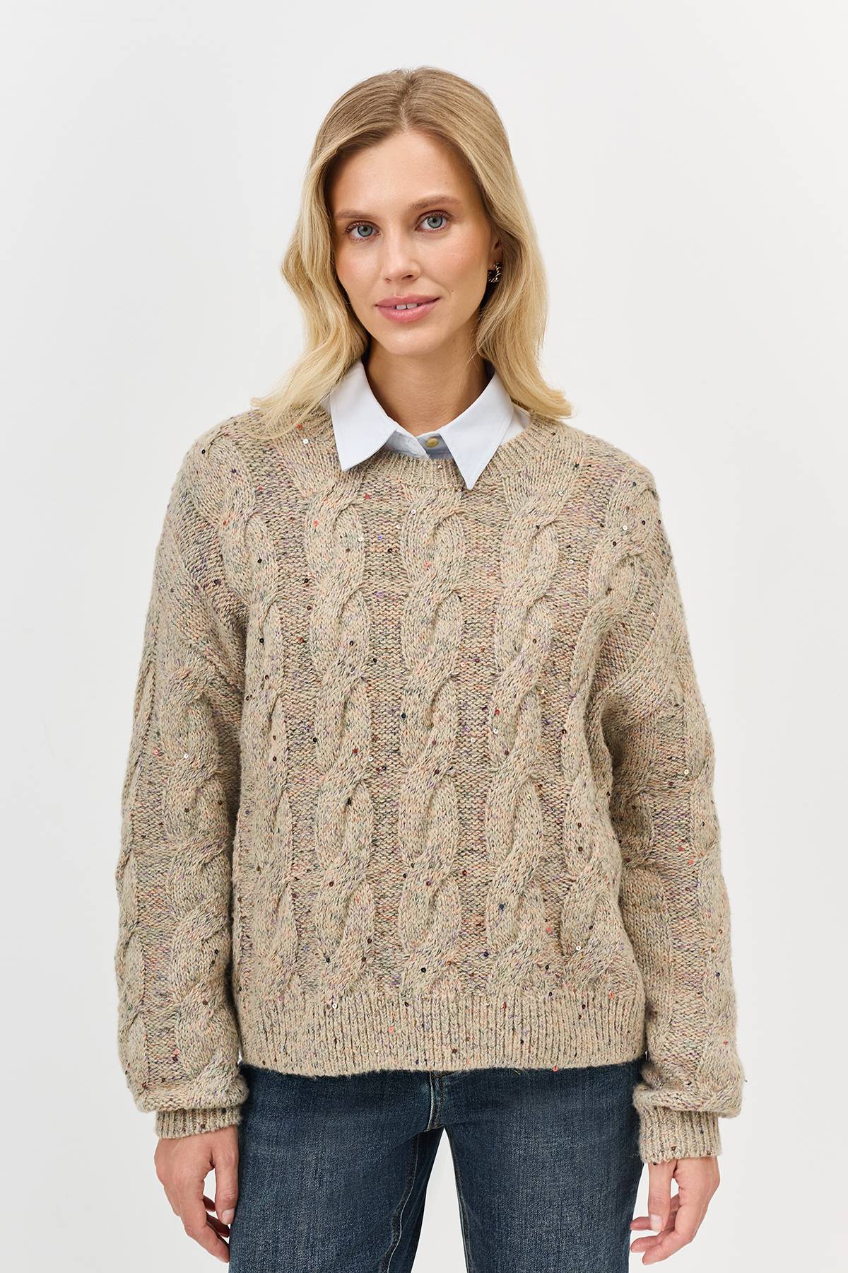 Лимитированная серия меланжевый джемпер с косами и ремень, 44