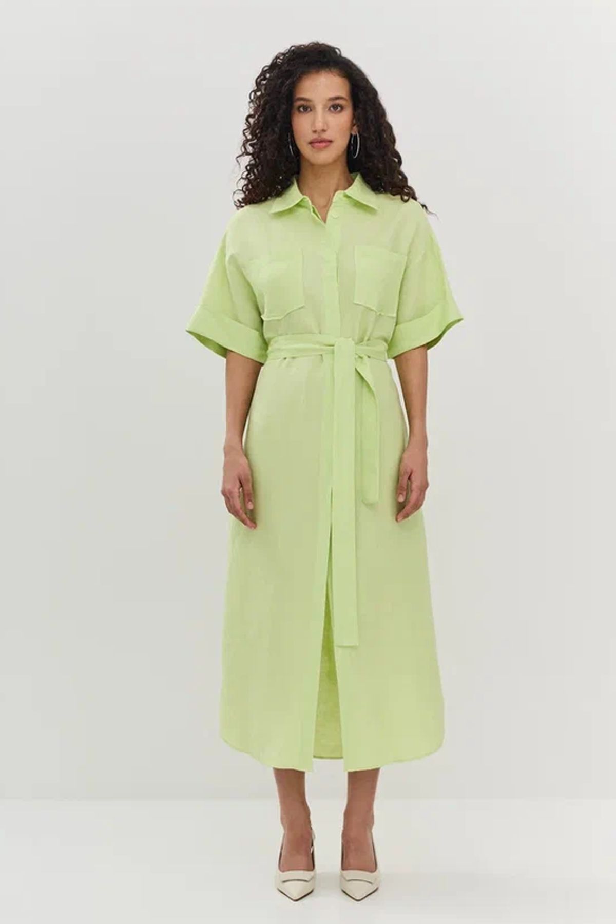 Льняное платье-рубашка с поясом, 42р