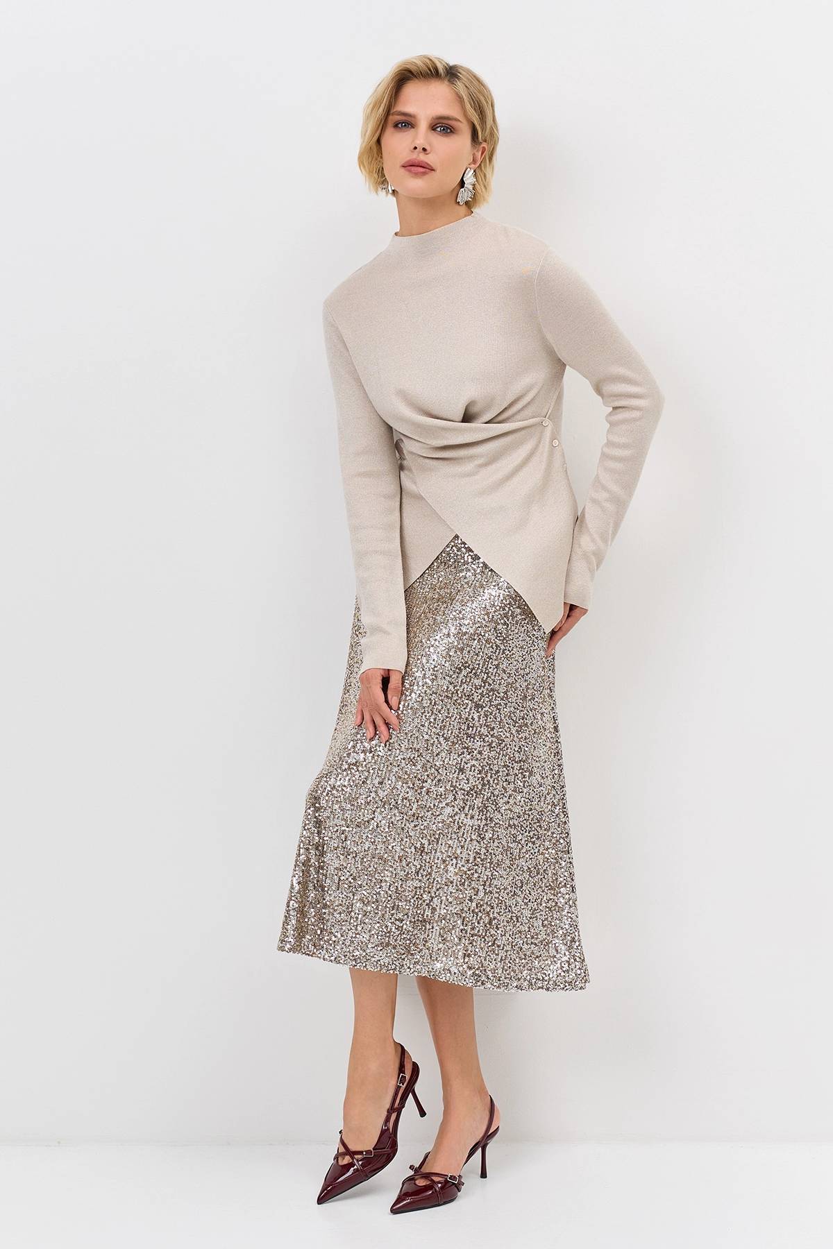 Лимитированная серия яркая юбка-миди с искрящимися пайетками и ремень, 44