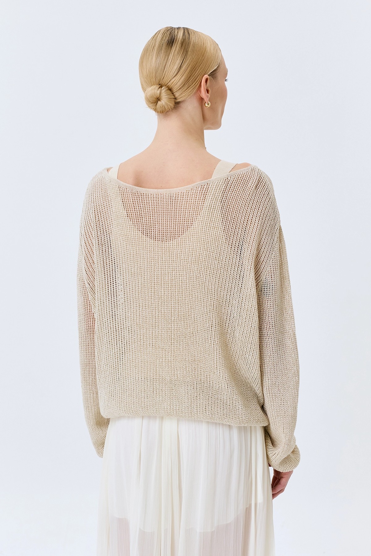 Ажурный бежевый комбинированный джемпер, 40