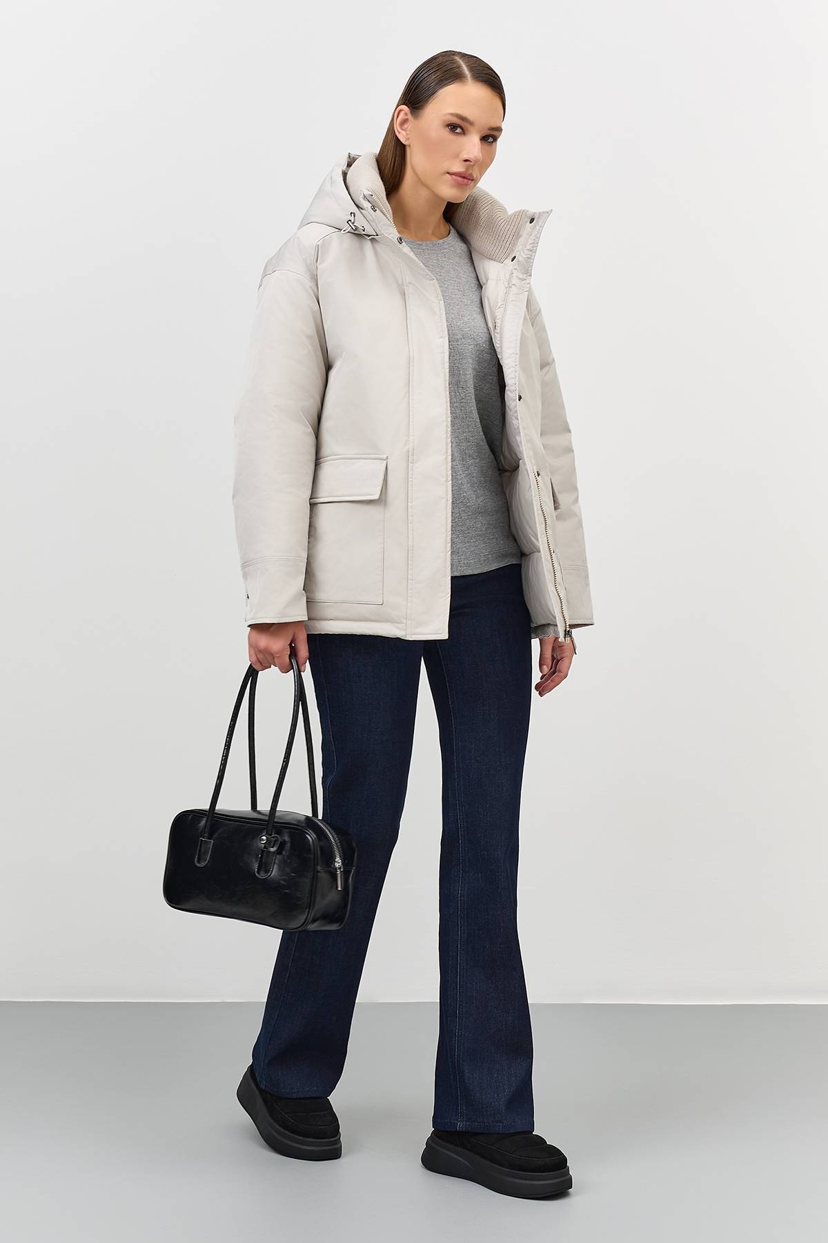 Лимитированная серия минималистичная куртка с вязаным воротником с палантином, 40