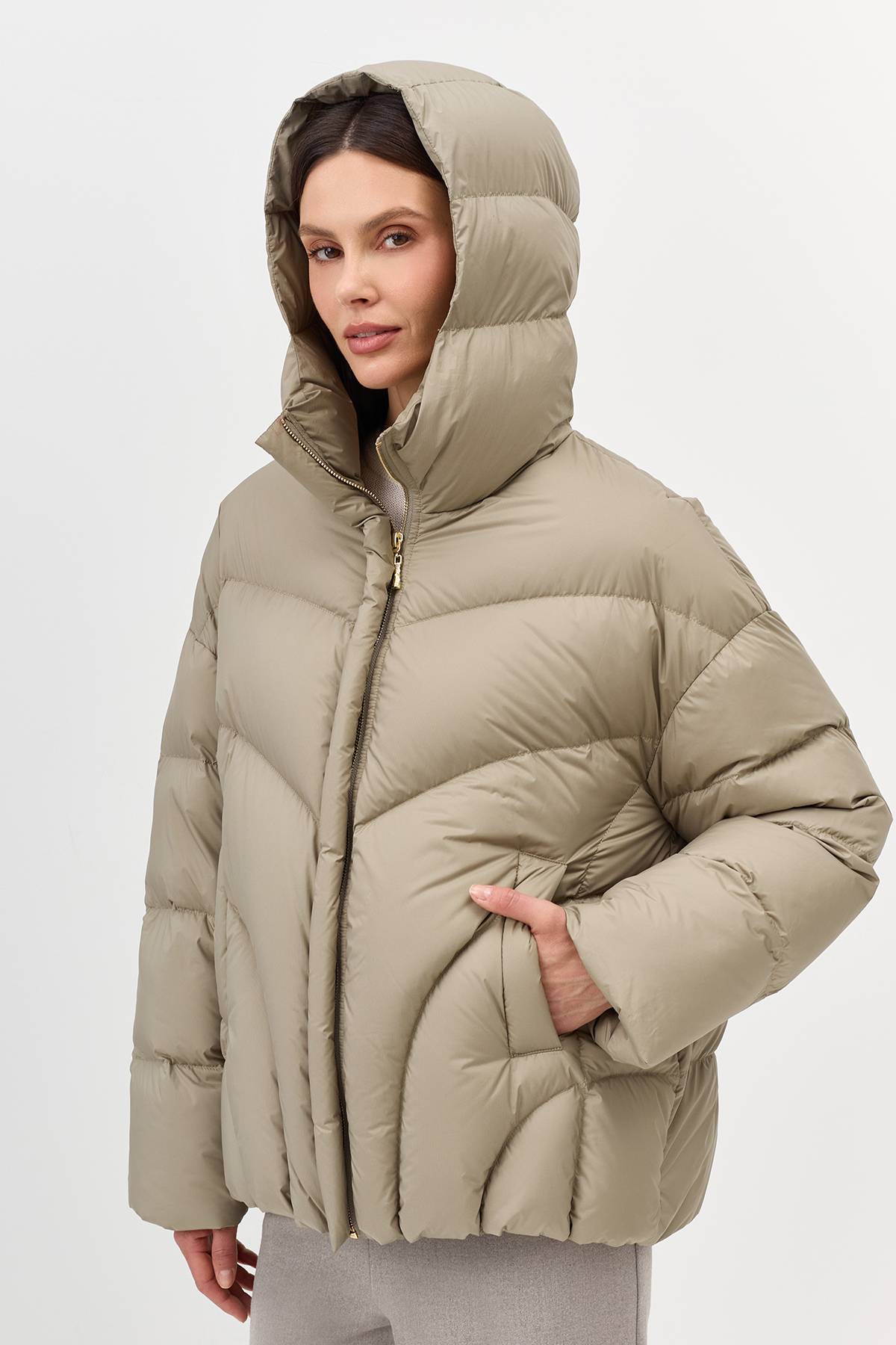 Лимитированная серия куртка оливковая с палантином, 36