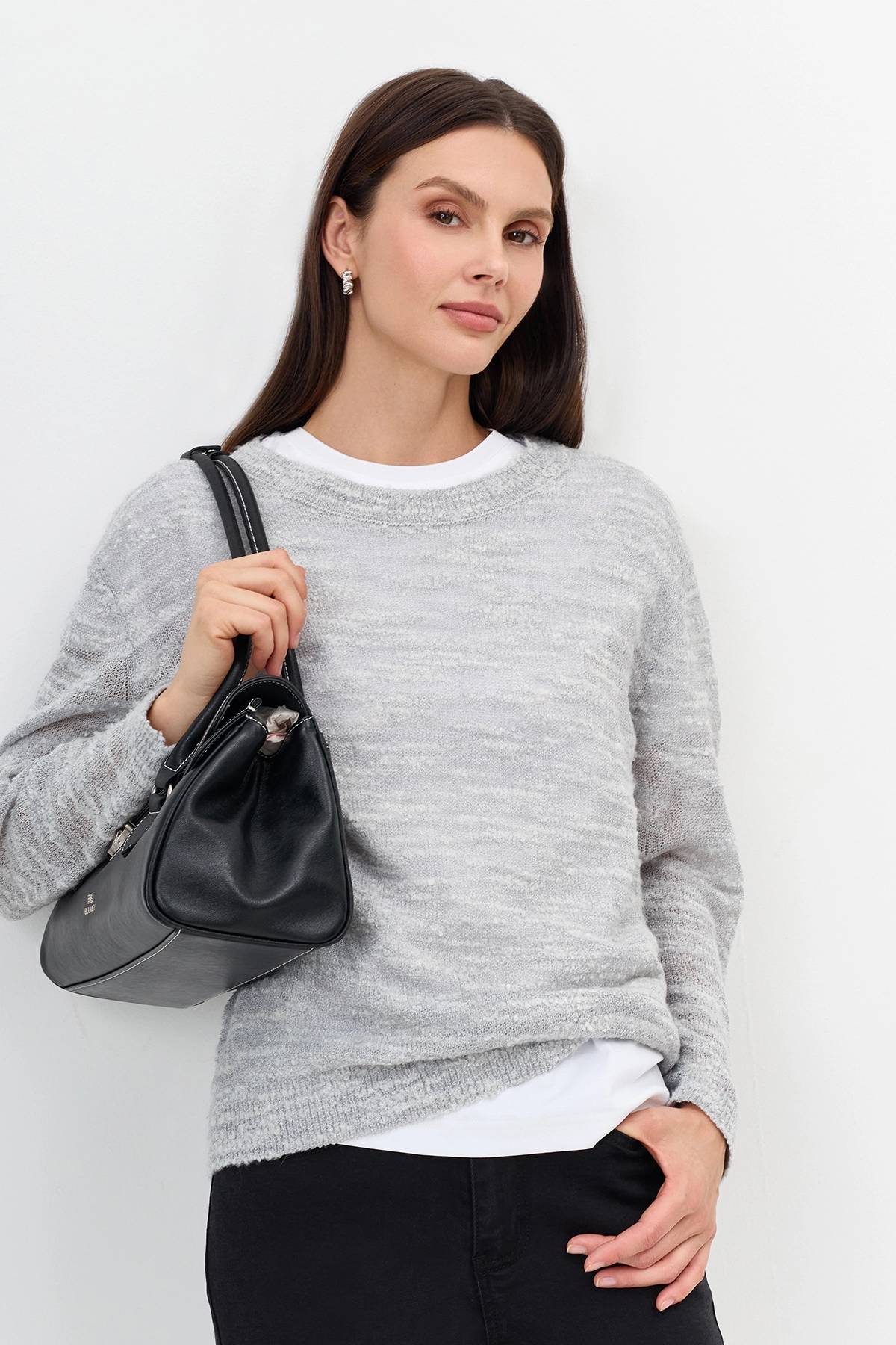 Меланжевый джемпер с ярким кантом, 34