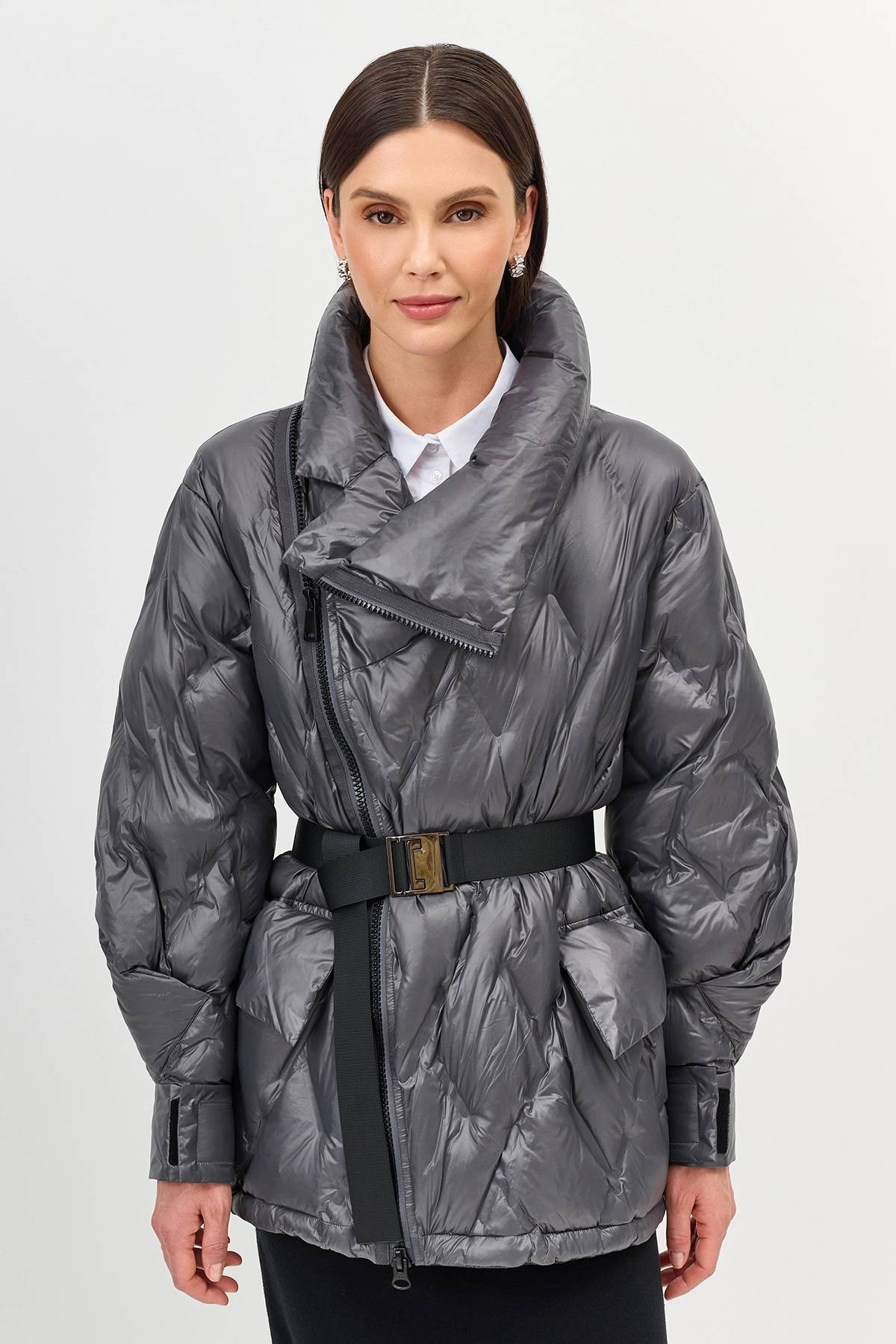 Лимитированная серия куртка на натуральном утеплителе серая с палантином, 38