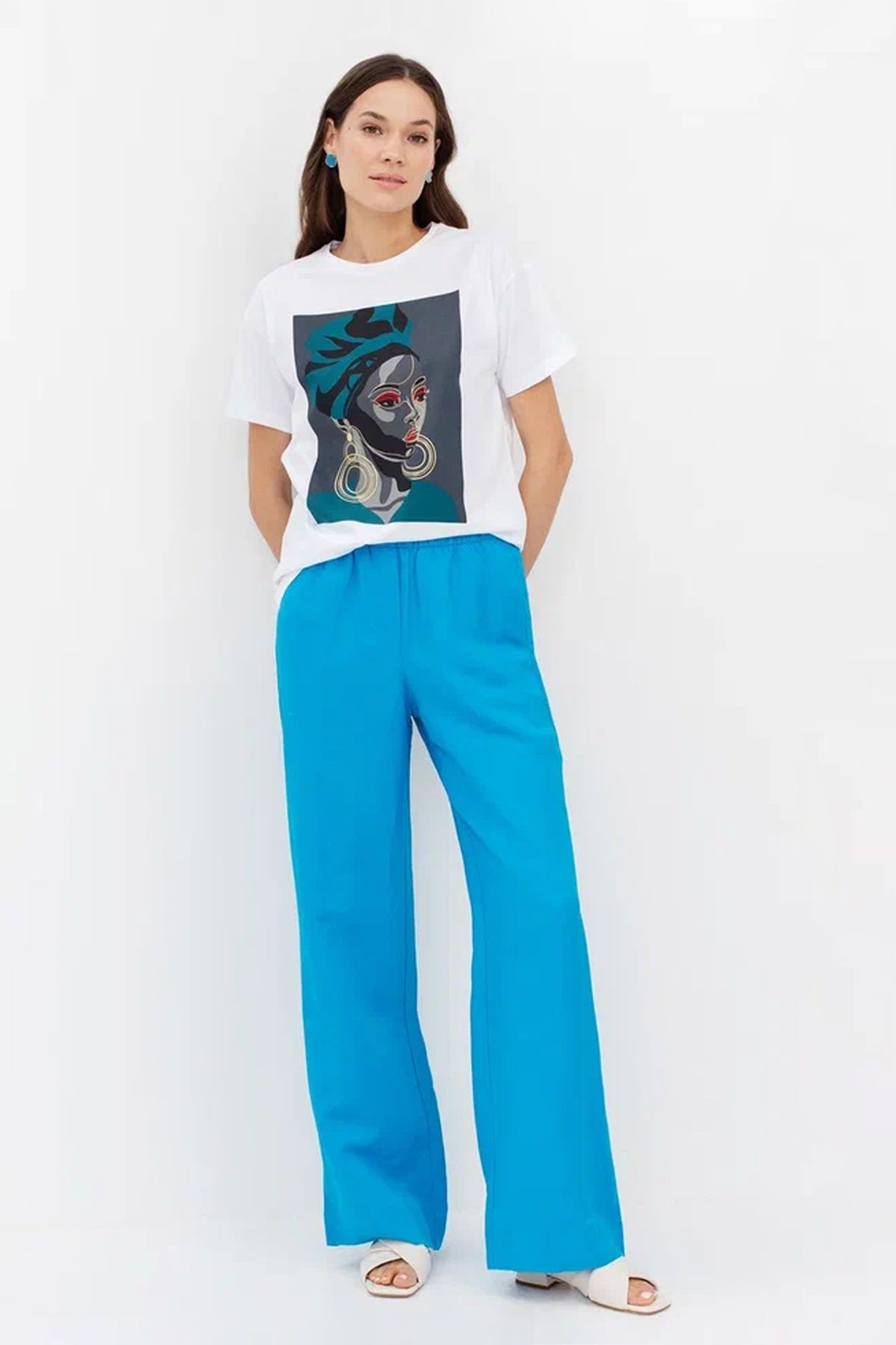 Базовые брюки в цвете аква с мягкими складками, 40р