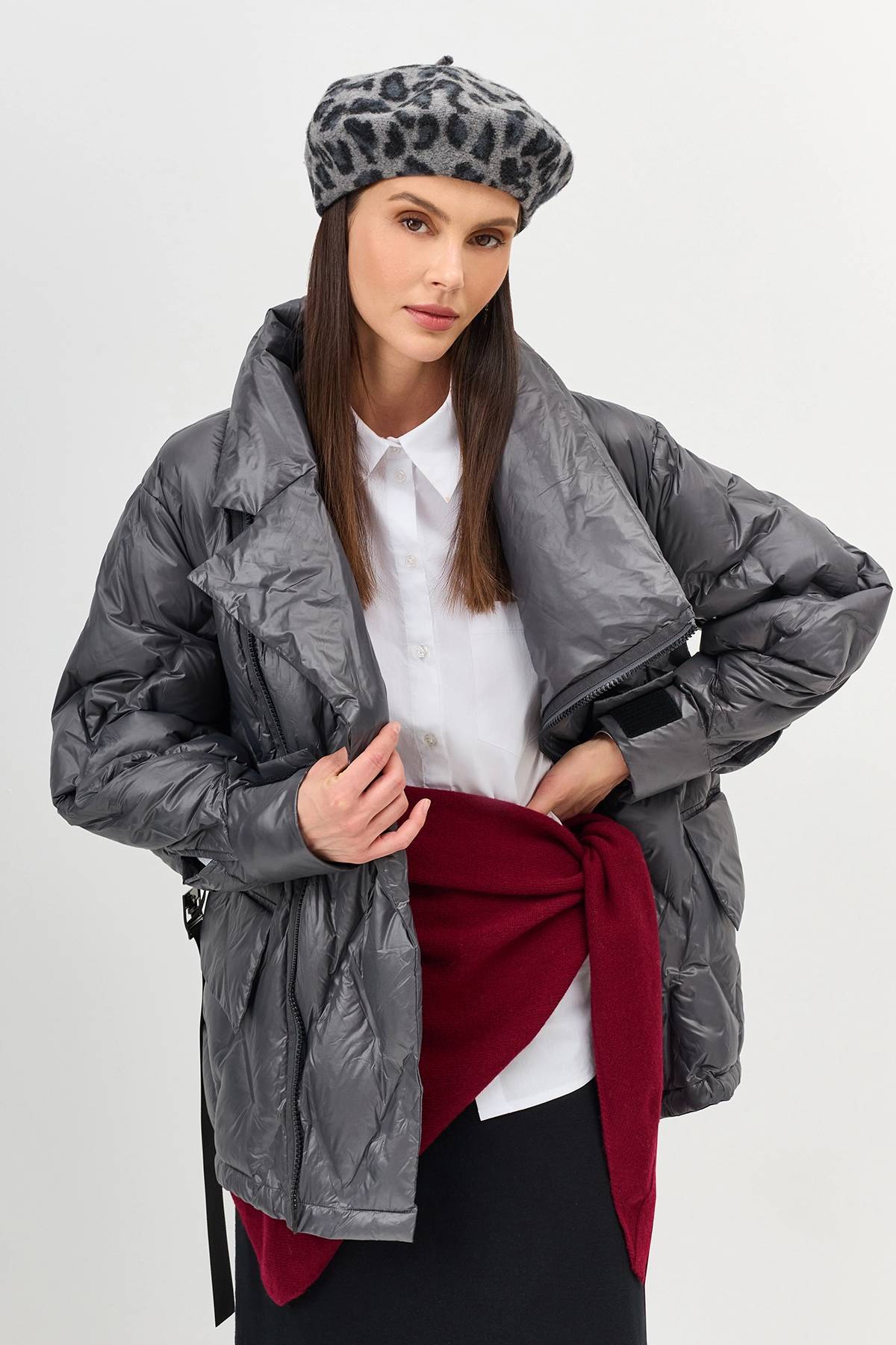 Лимитированная серия куртка на натуральном утеплителе серая с палантином, 38