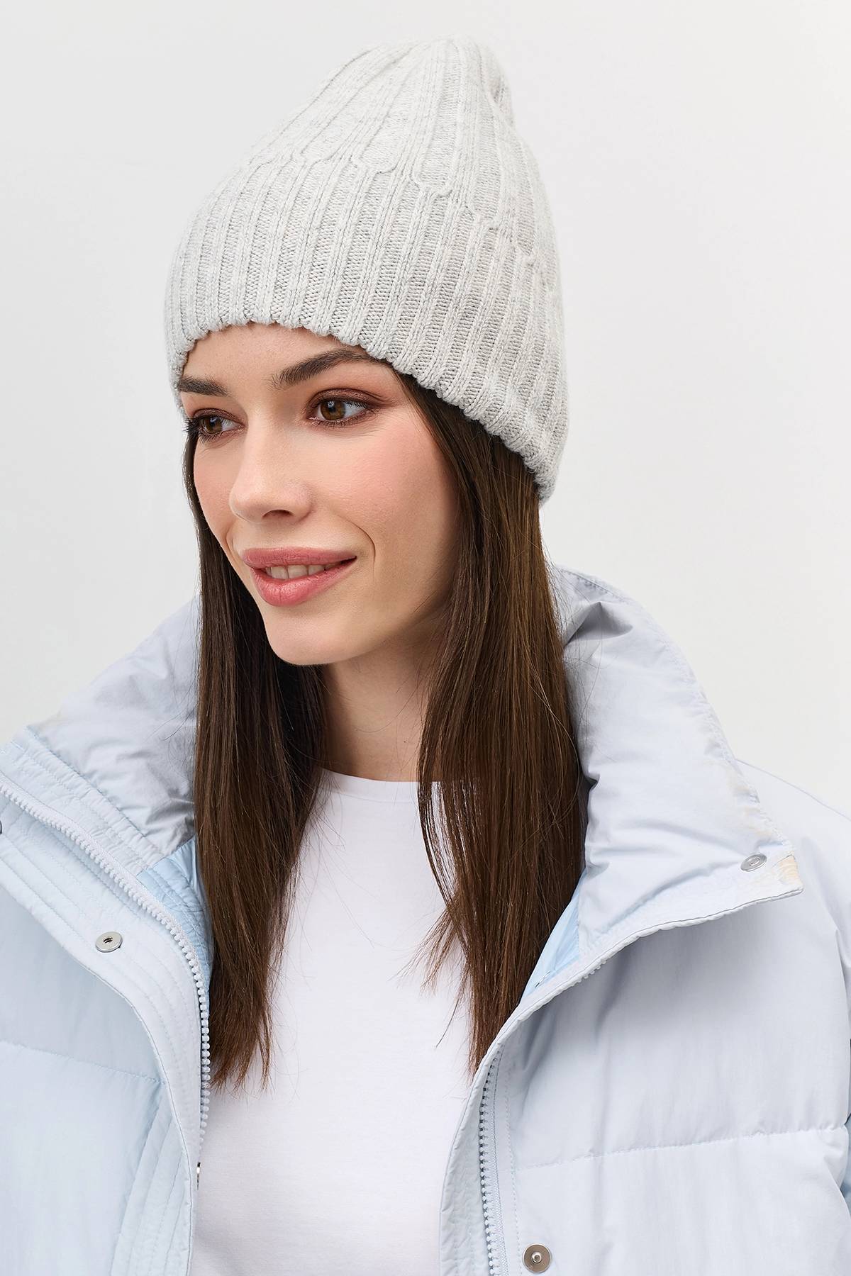 Серая шапка бини с имитацией отворота, One