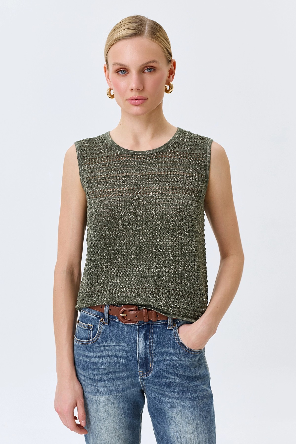 Ажурный топ с люрексом в цвете хаки, 50