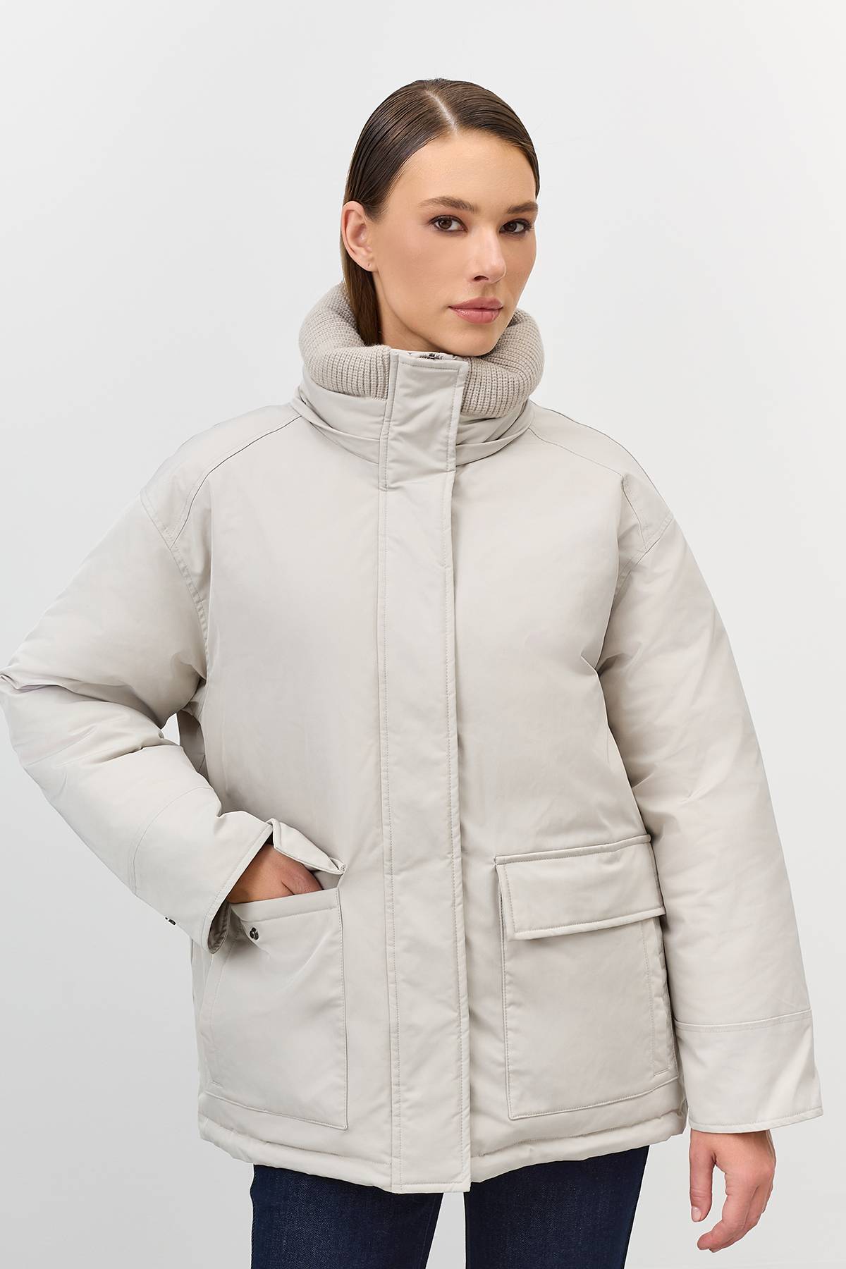 Лимитированная серия минималистичная куртка с вязаным воротником с палантином, 40