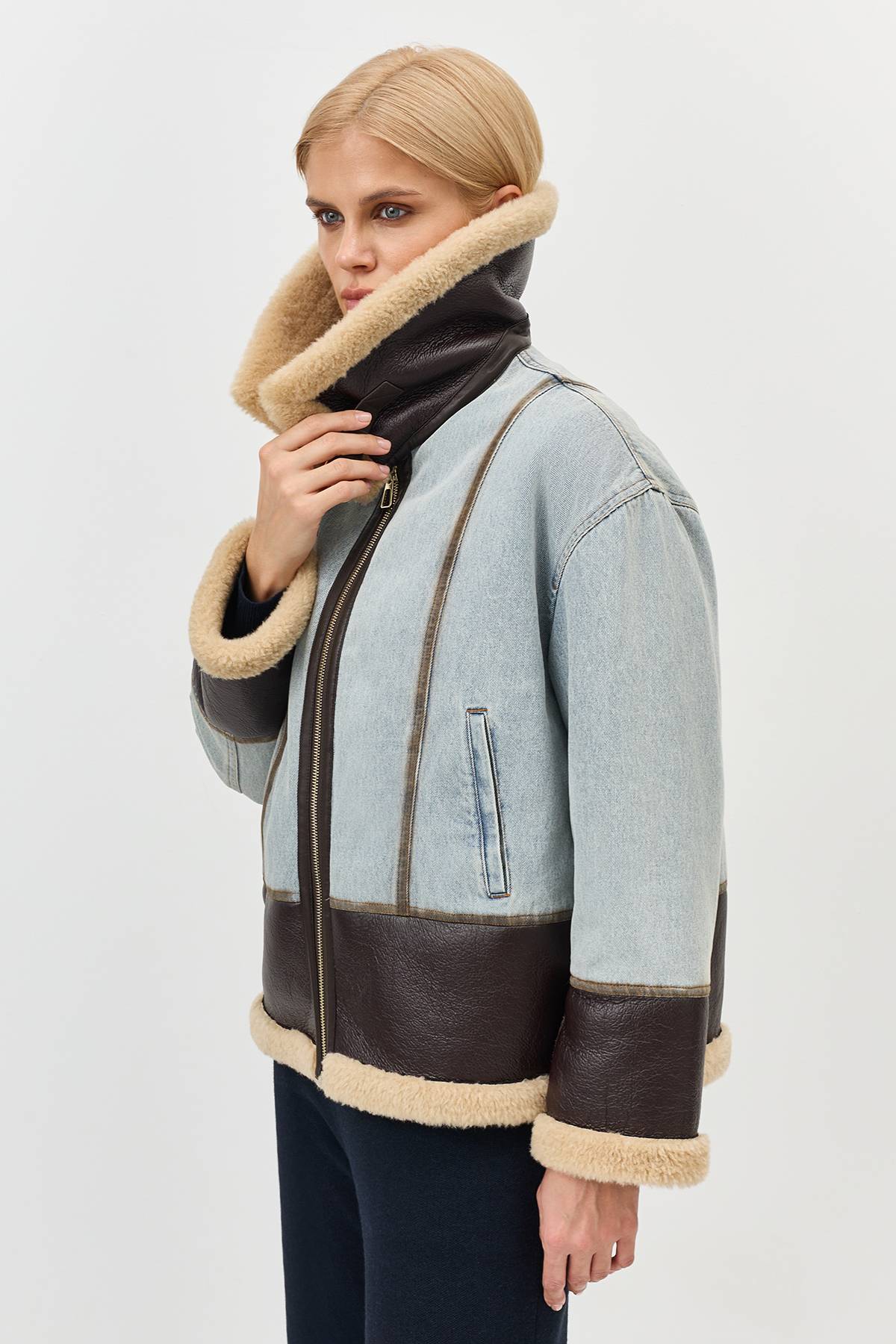 Лимитированная серия джинсовая куртка с меховыми деталями и палантином, 40