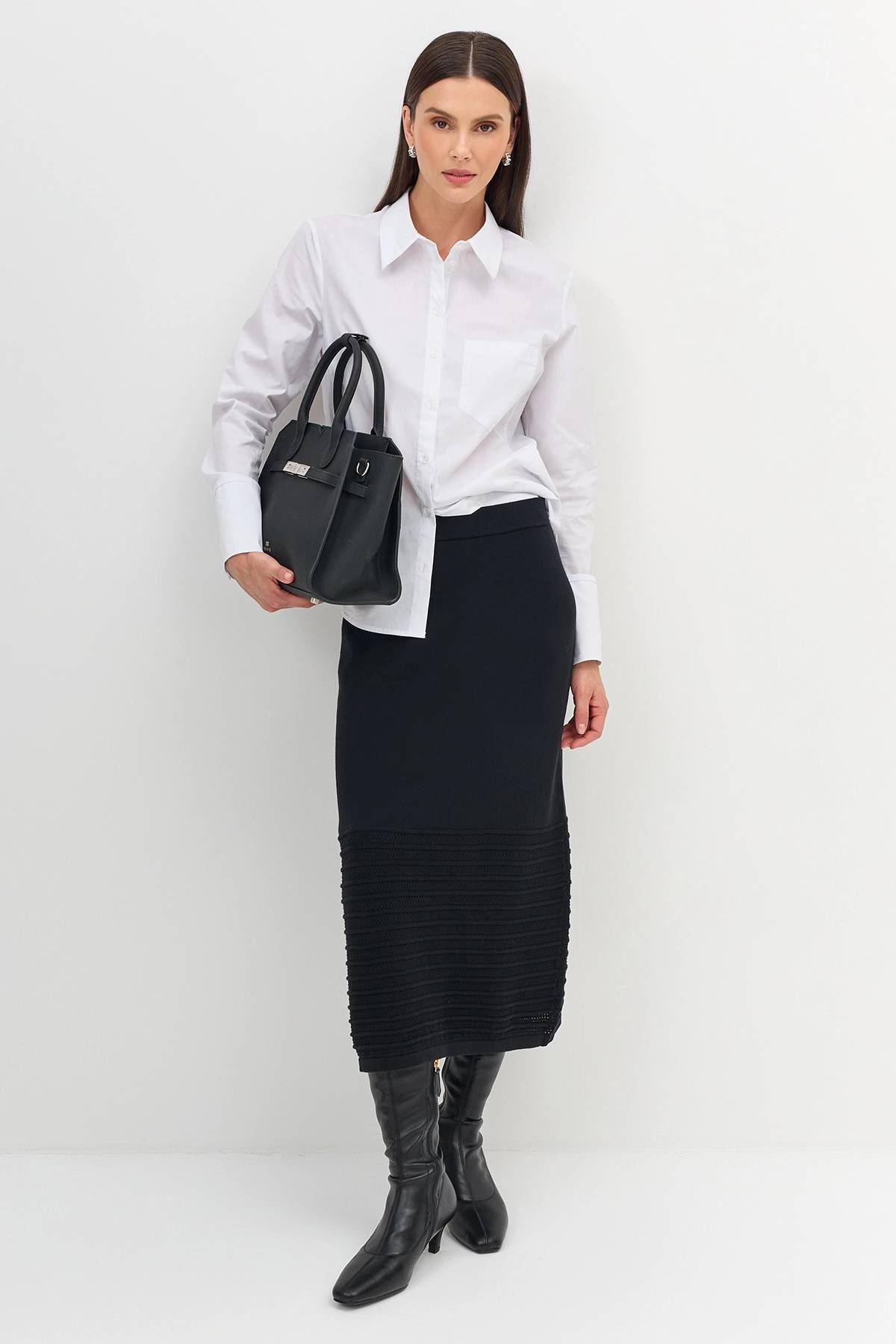 Лимитрированная серия вязаная юбка с ажурной вставкой и ремень, 34