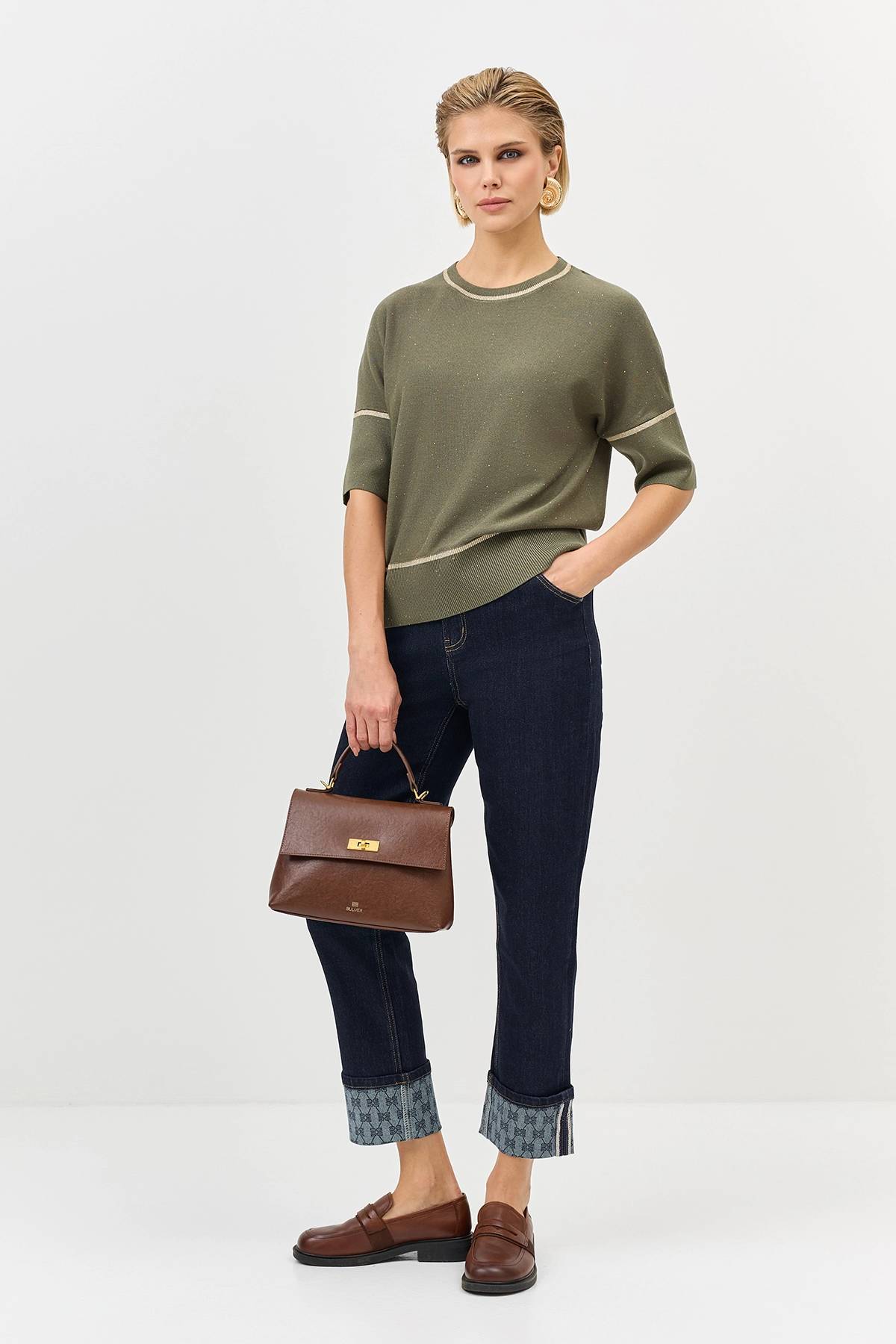 Лимитрированная серия свободный джемпер с пайетками и ремень, 34