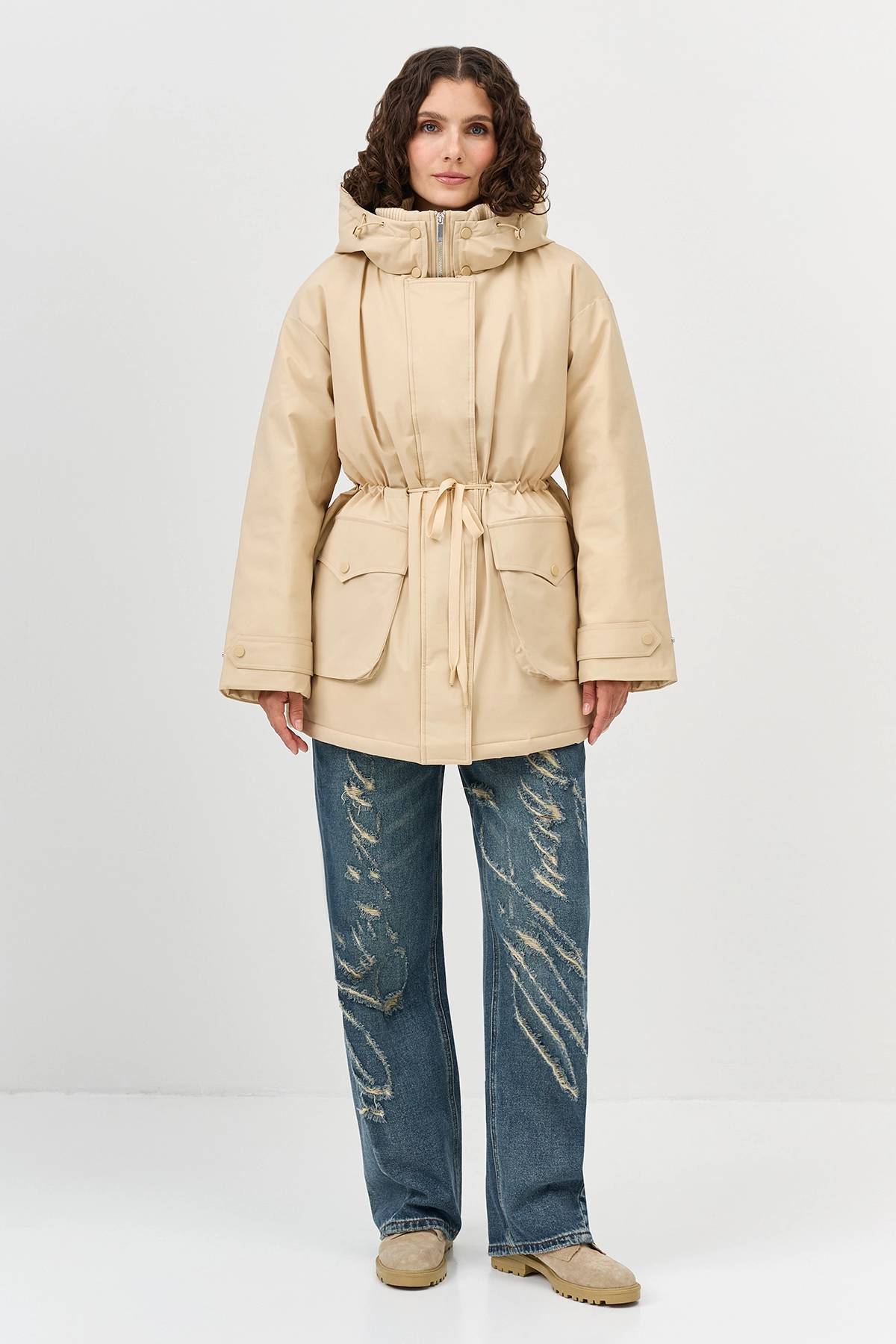 Лимитированная серия куртка песочная с палантином, 34