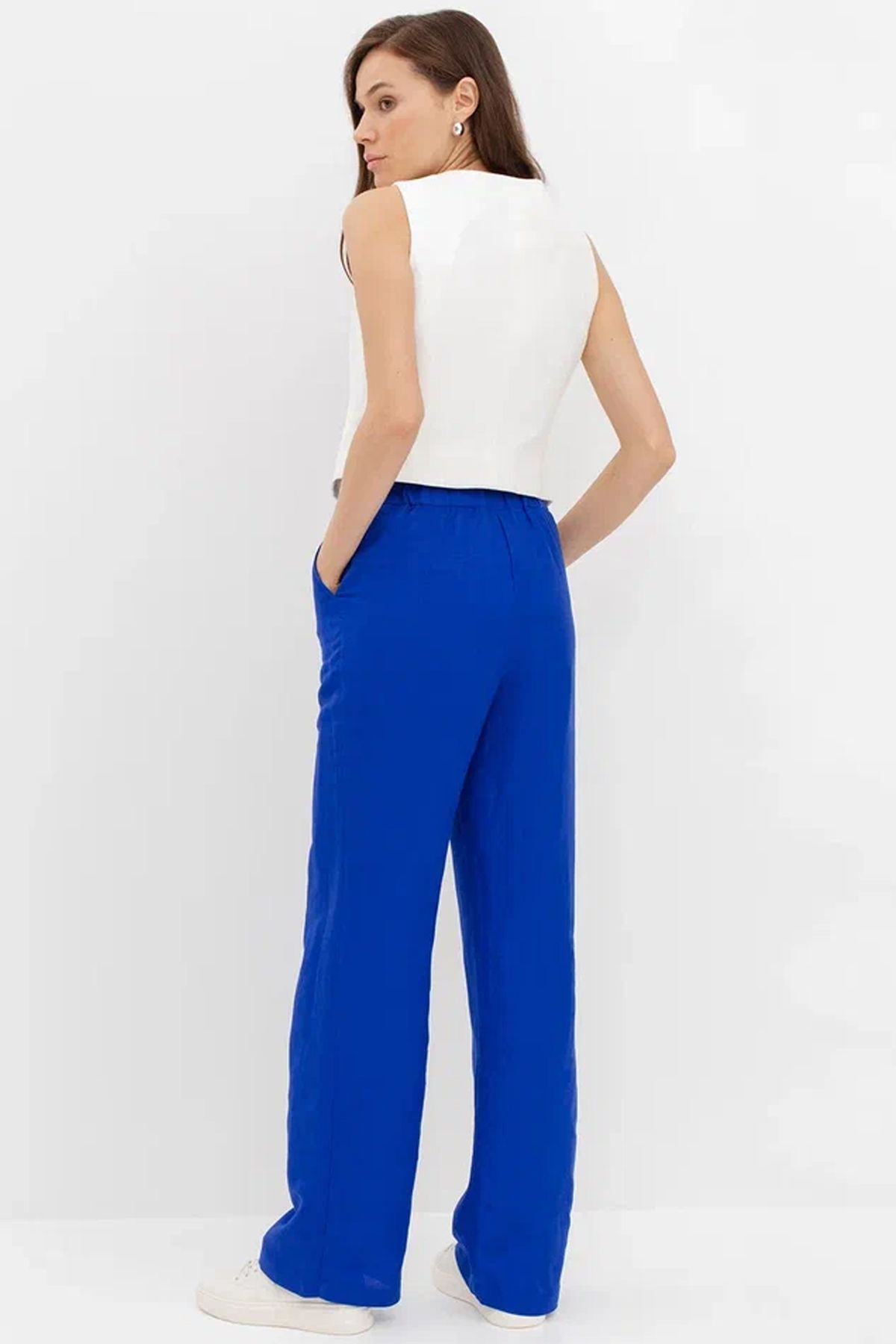 Прямые брюки синего цвета из льна и вискозы, 42р