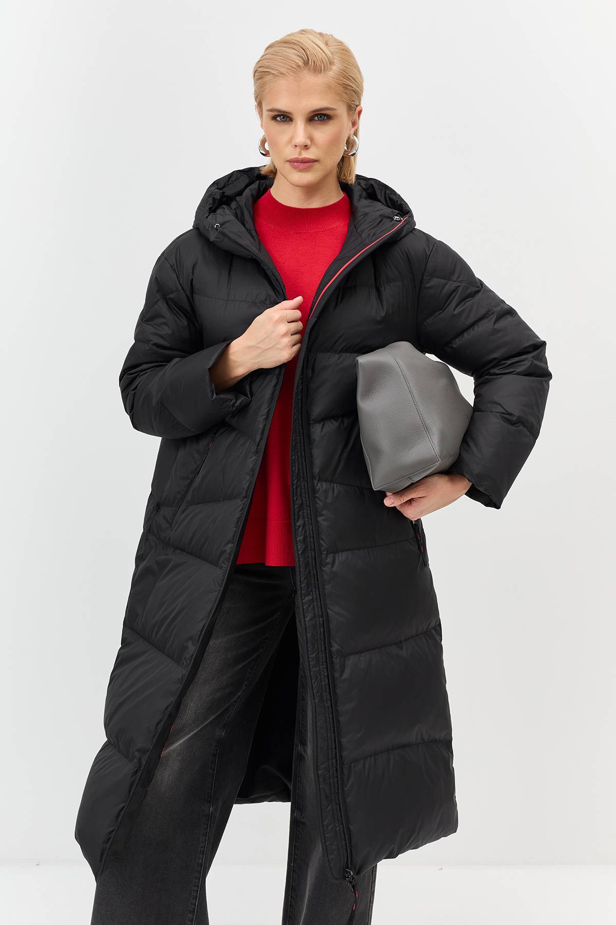 Лимитированная серия длинный пуховик с капюшоном с палантином, 34