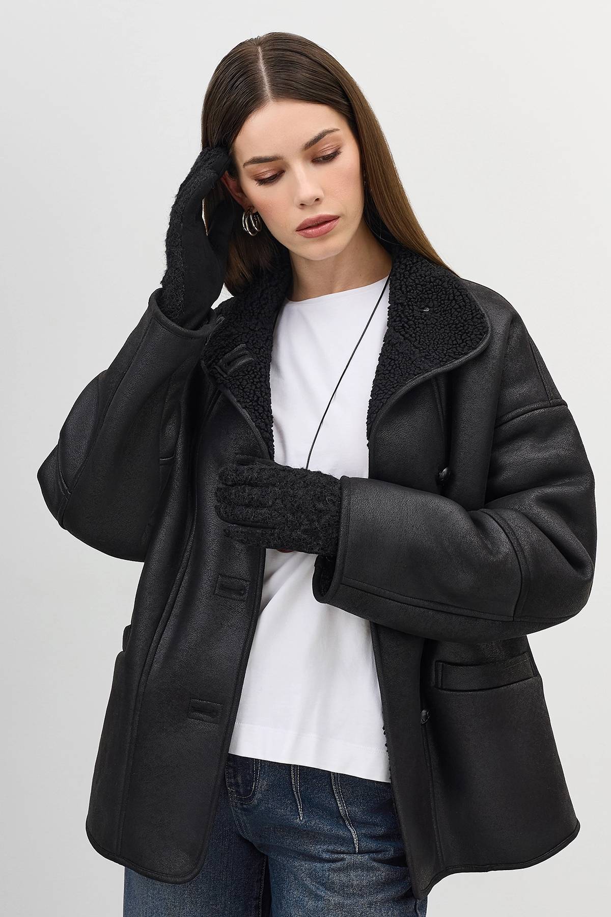 Черные комбинированные перчатки с искусственным мехом, One