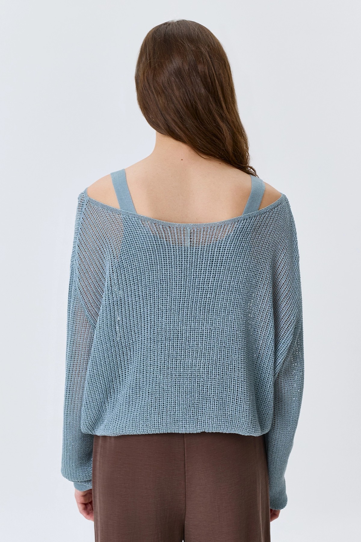 Ажурный синий комбинированный джемпер, 40