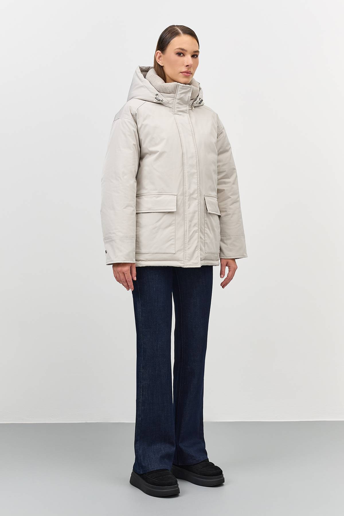 Лимитированная серия минималистичная куртка с вязаным воротником с палантином, 40