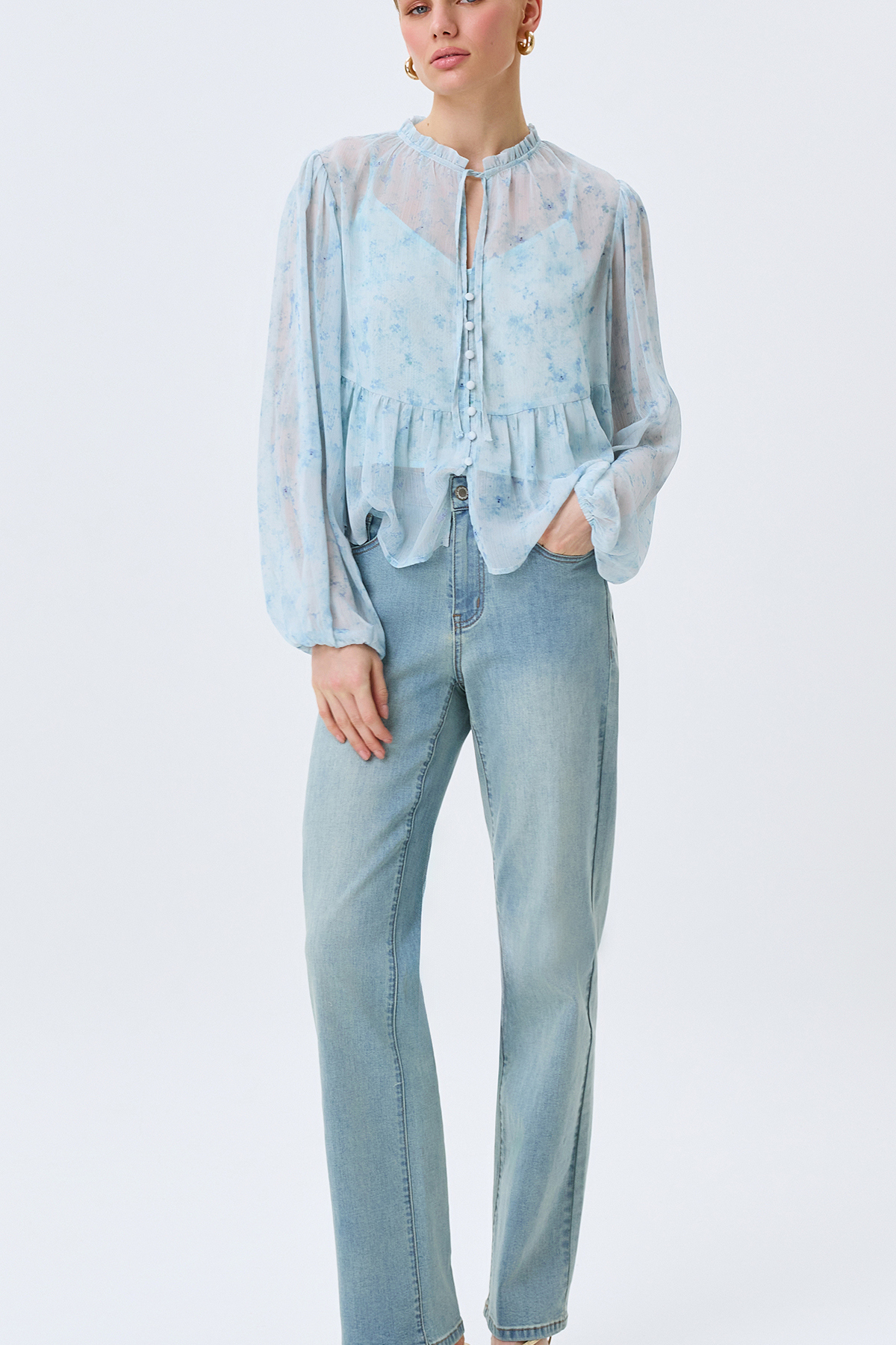 Полупрозрачная блузка с флоральным принтом, 48