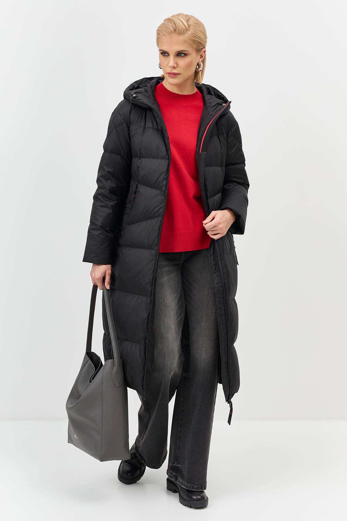 Лимитированная серия Длинный пуховик с капюшономс палантином, 34