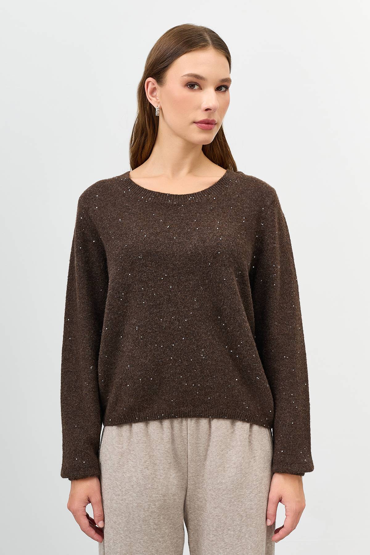 Коричневый джемпер с мерцающим люрексом, 42