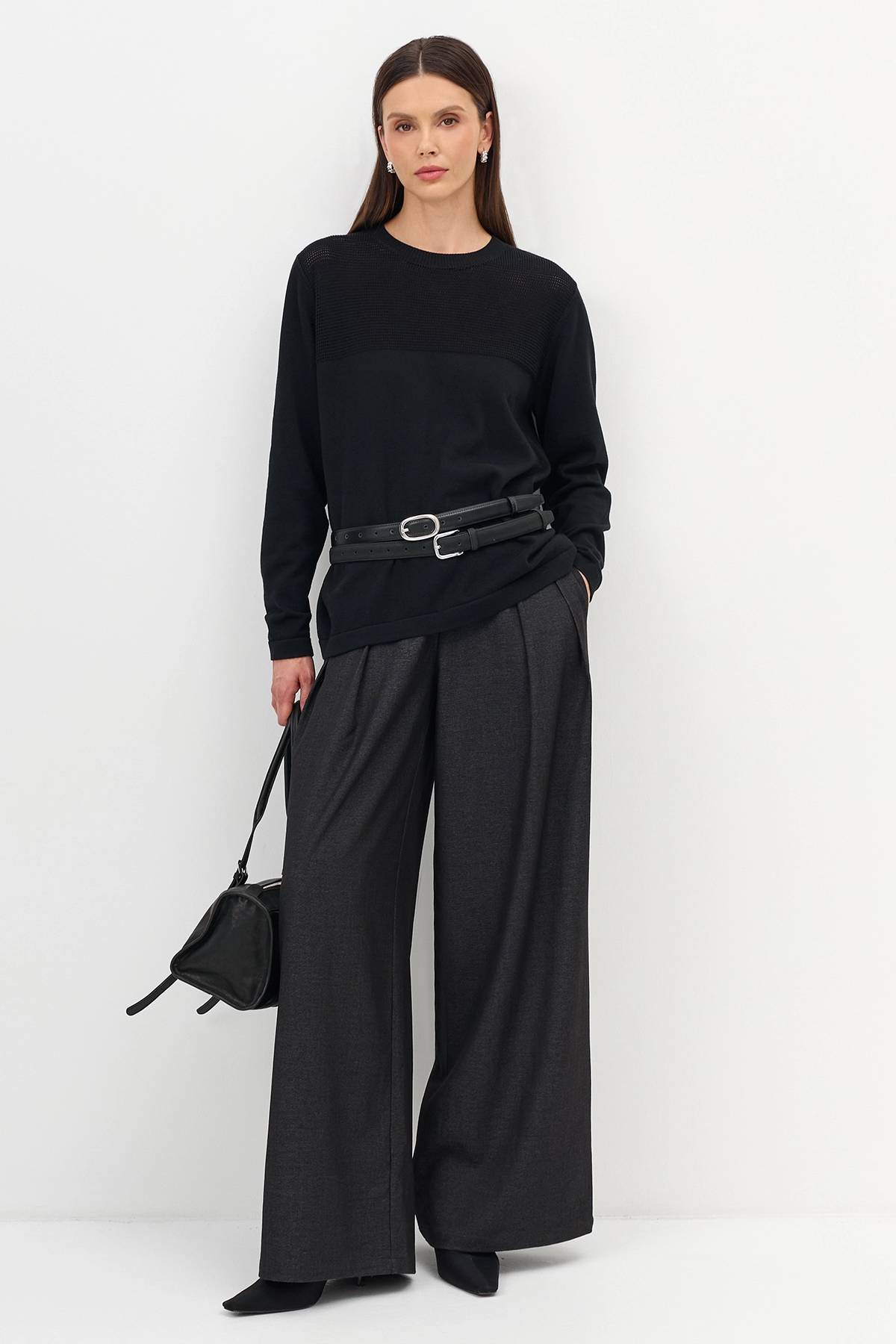 Лимитированная серия вязаный джемпер в черном цвете с ремнем, 34