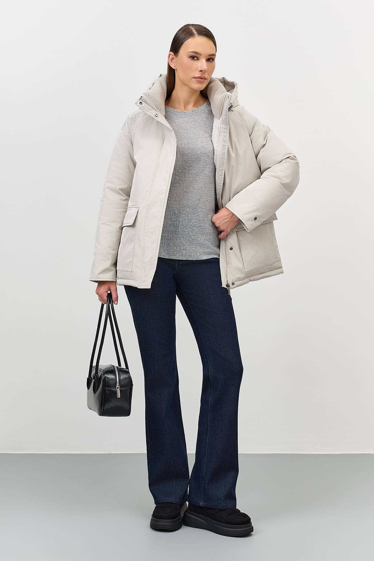 Лимитированная серия минималистичная куртка с вязаным воротником с палантином, 50