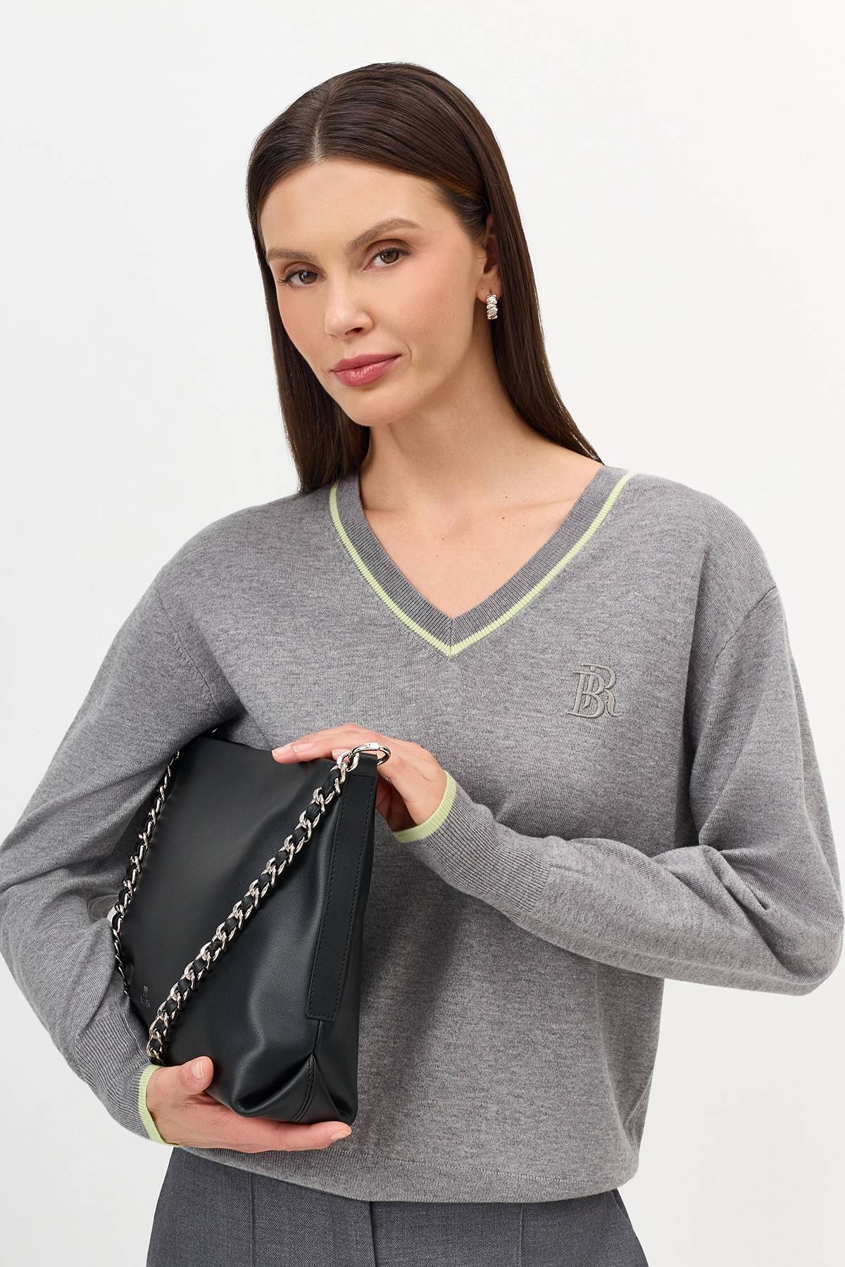 Лимитрированная серия меланжевый джемпер с ярким кантом и ремень, 36