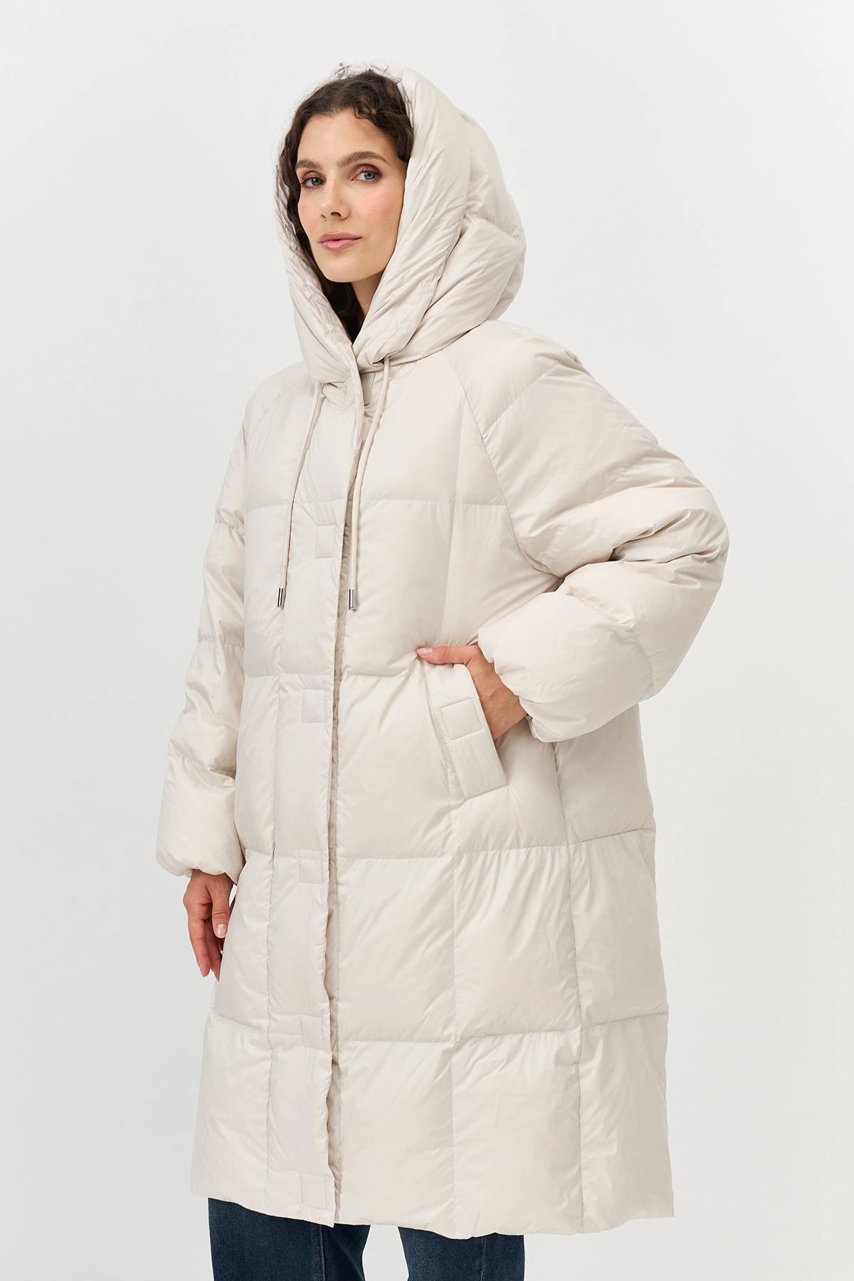 Лимитированная серия жемчужный пуховик с квадратной стежкой с палантином, 40